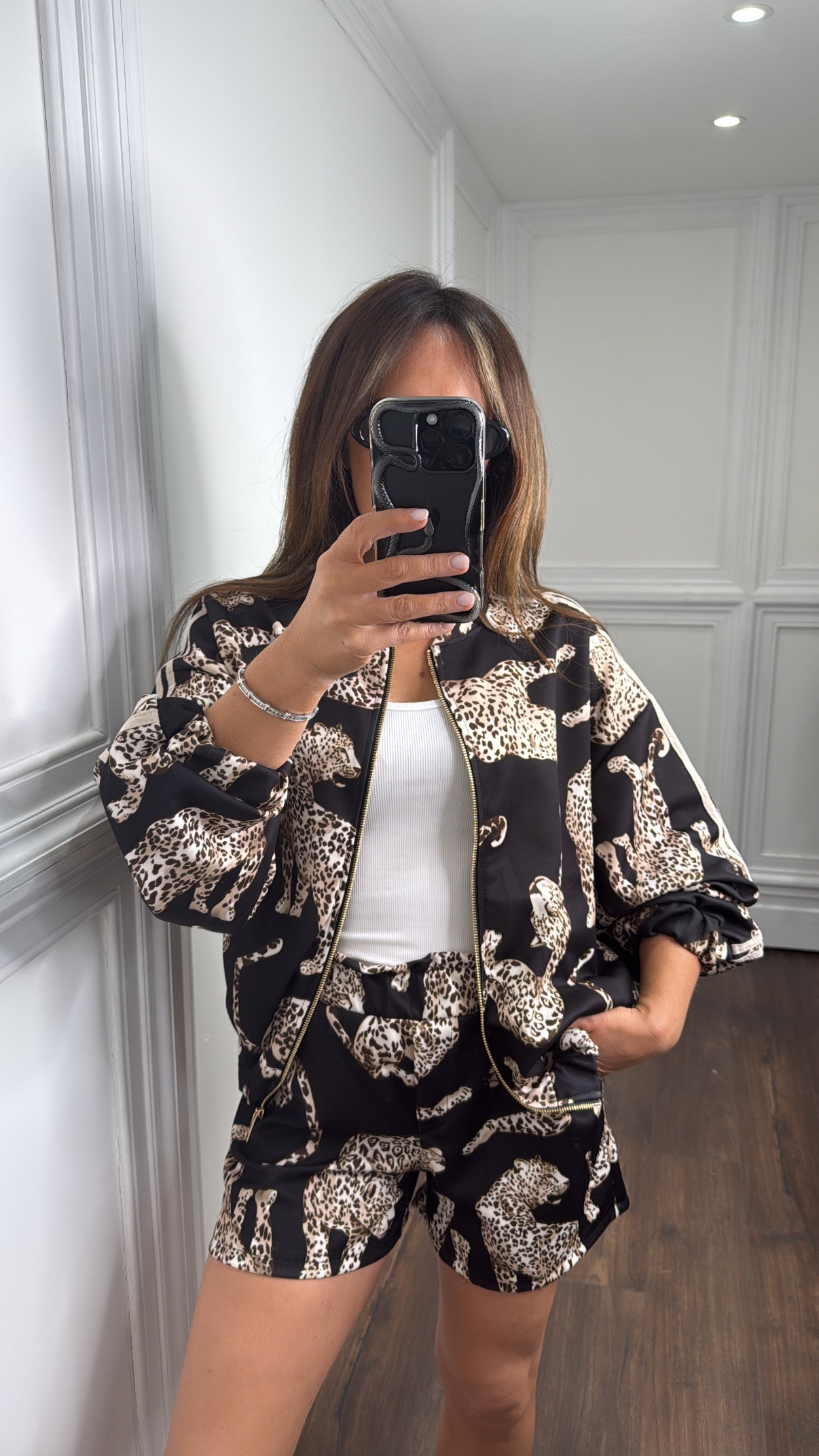 INDIE black leopard design bomber and shorts co-ord
