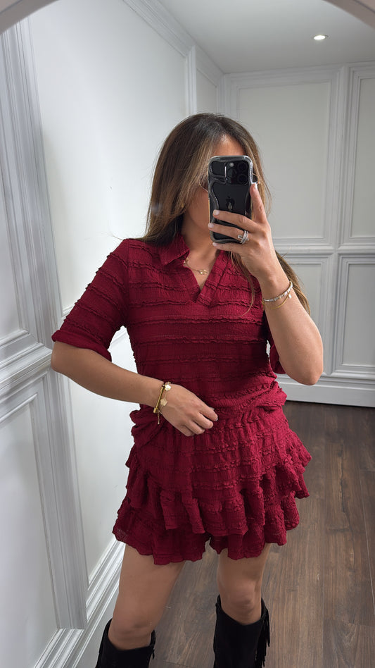 LEXIE burgundy textured ruffle skort co-ord