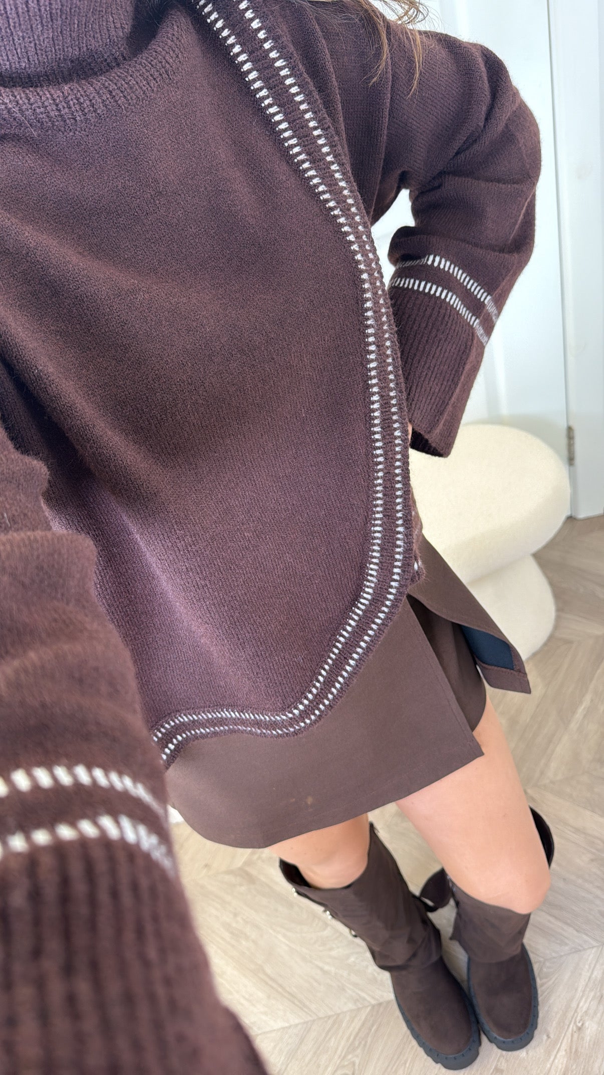 POPPY brown soft knit jumper with seam detailing