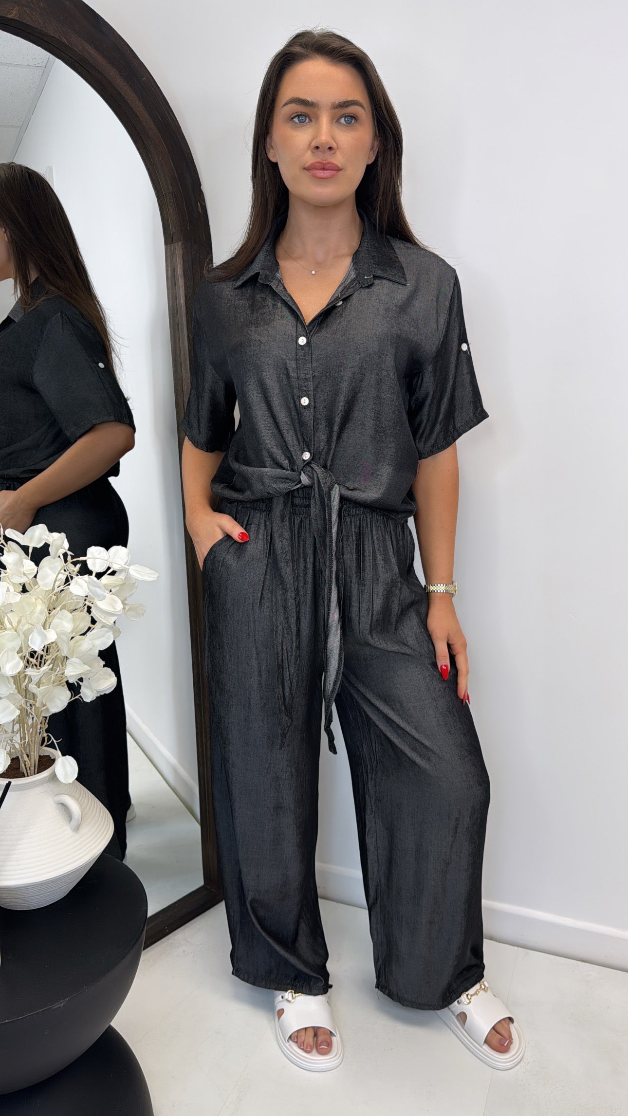 RHEA black denim effect shirt and trouser co-ord