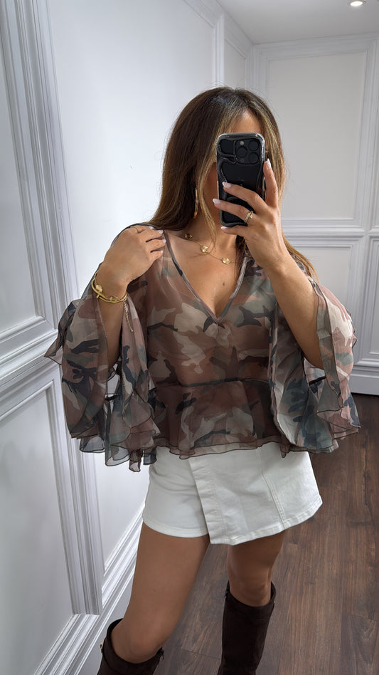 BOBBI army print sheer ruffle sleeve blouse