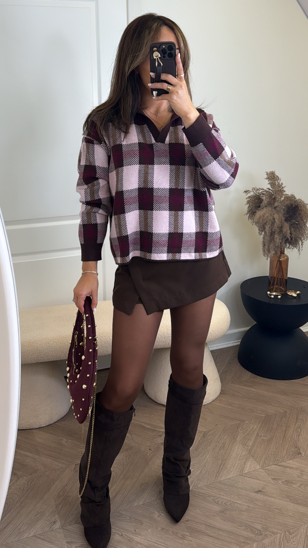 MIA pink and burgundy check jumper