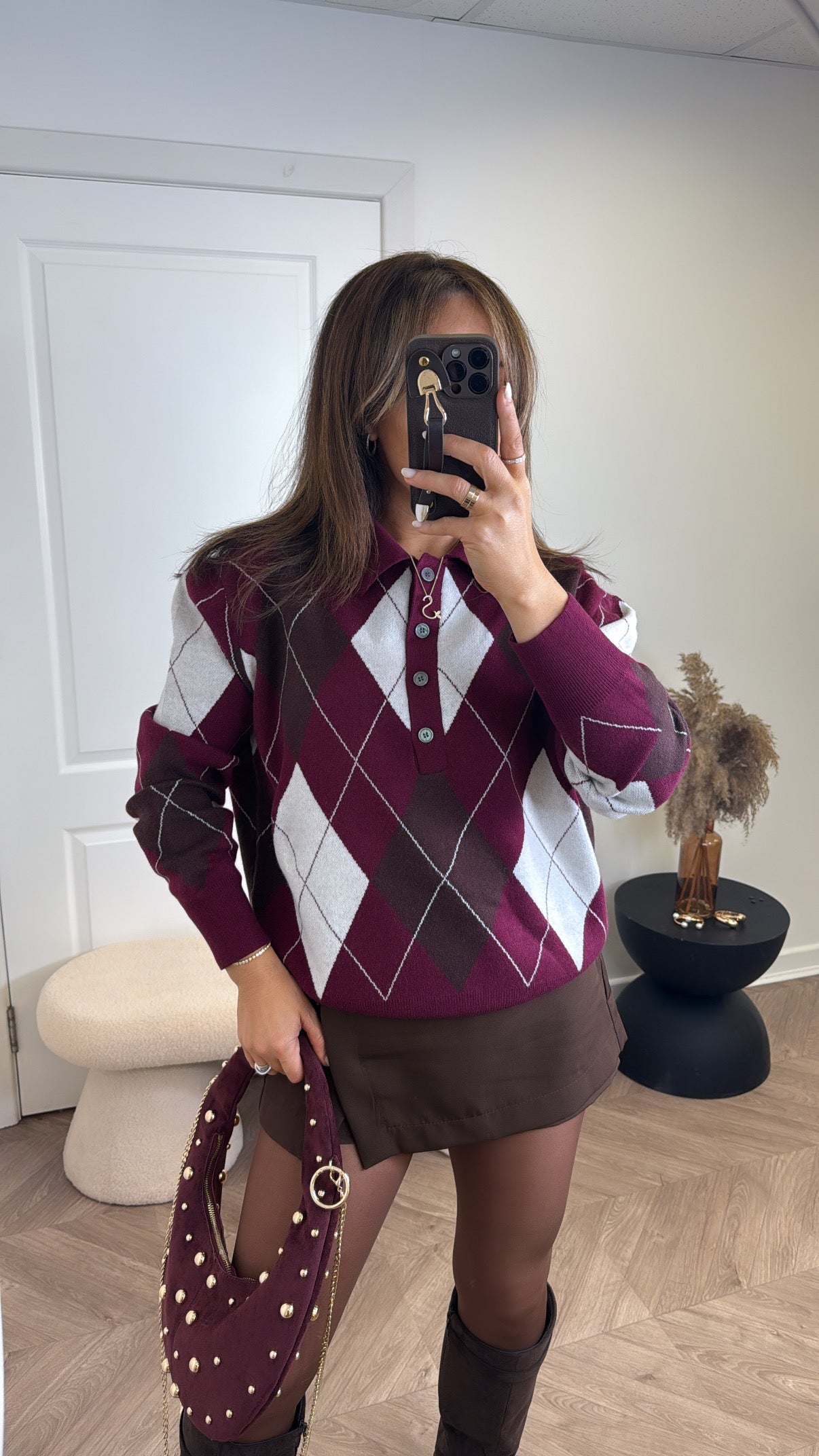 RHEA burgundy argyle polo neck jumper