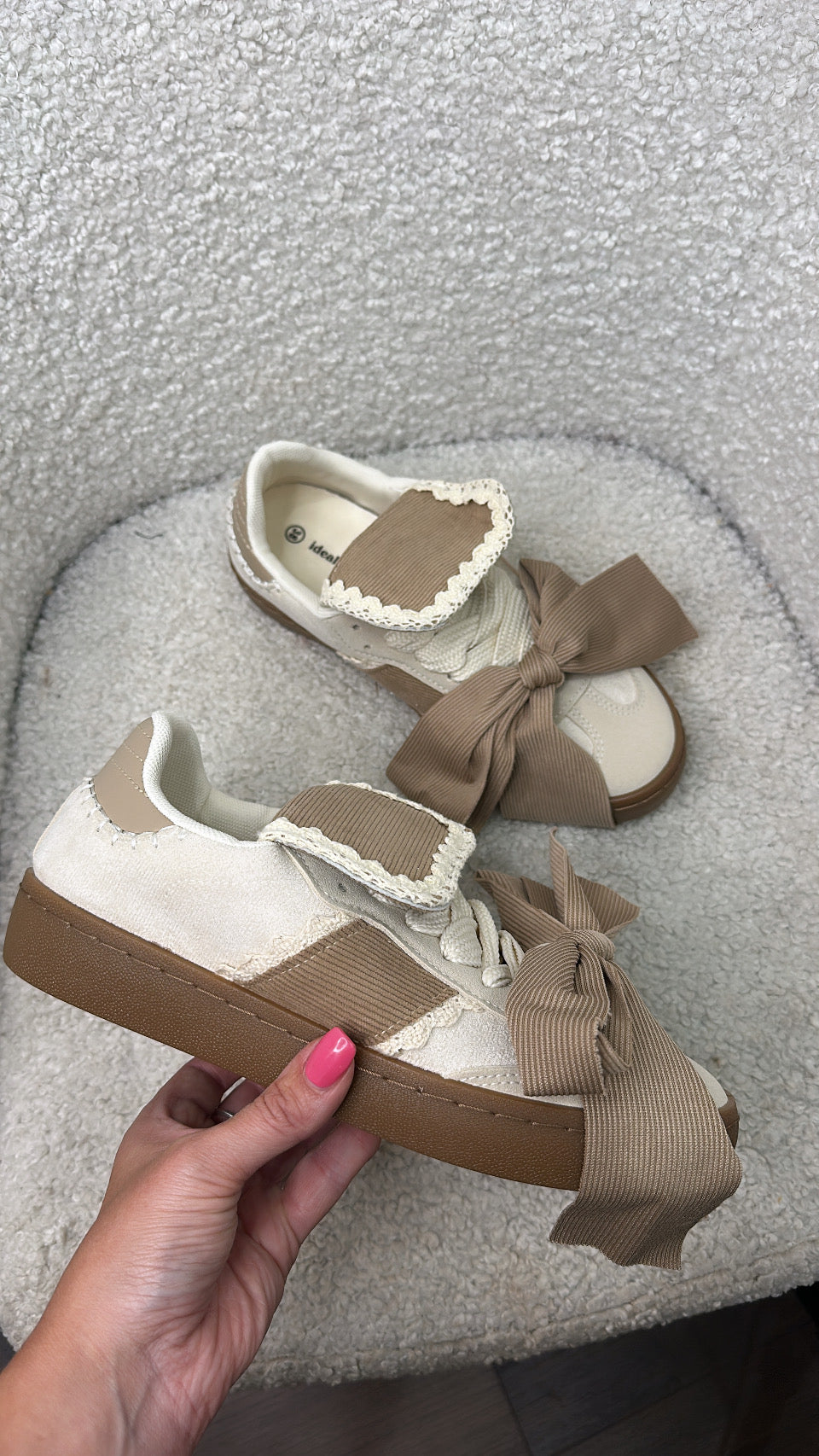 PHOENIX beige and cream bow detail trainers