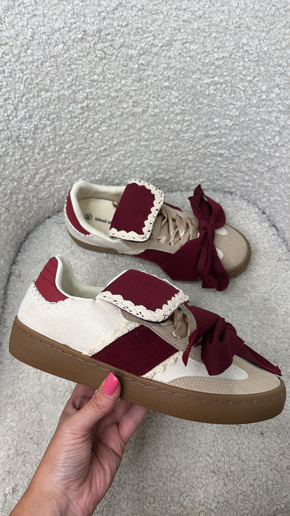 PHOENIX burgundy and cream bow detail trainers