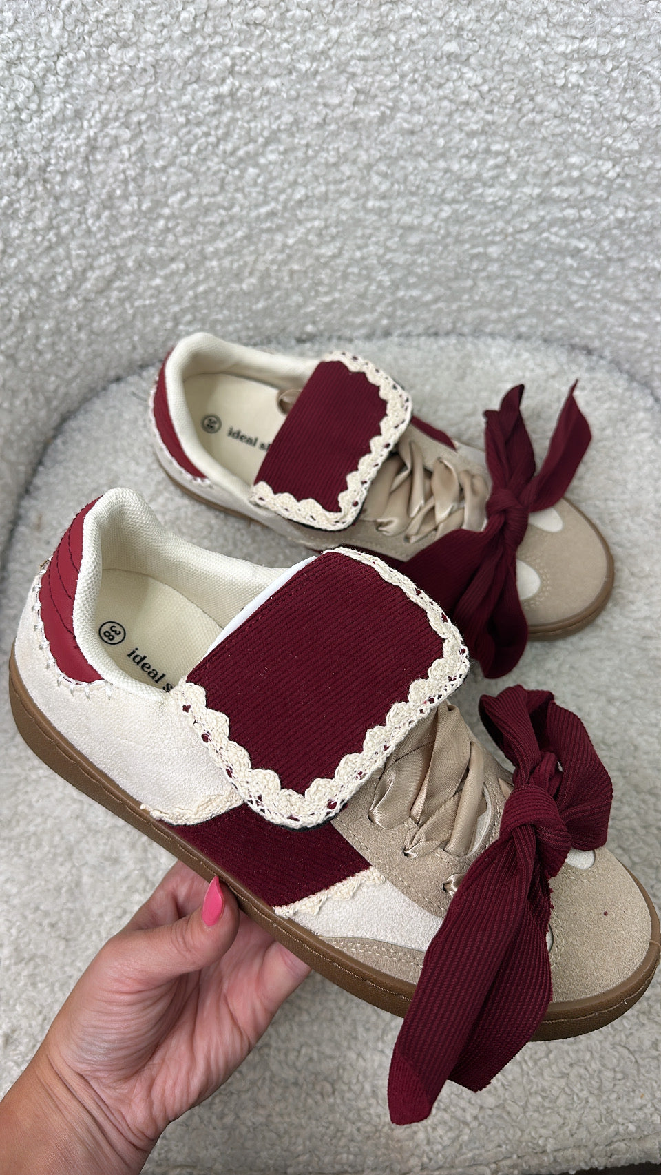 PHOENIX burgundy and cream bow detail trainers