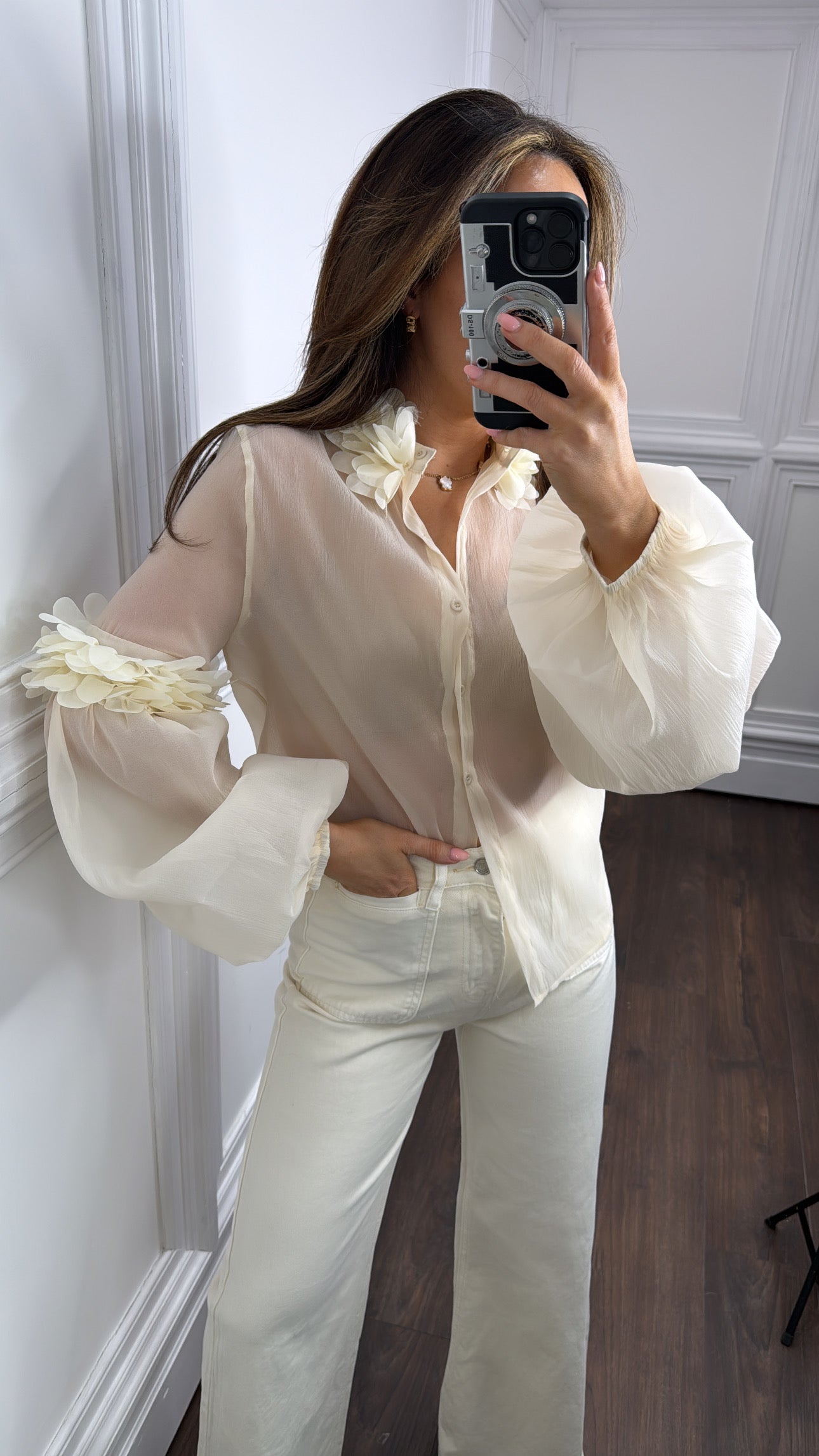POLLY cream sheer floral appliqué blouse