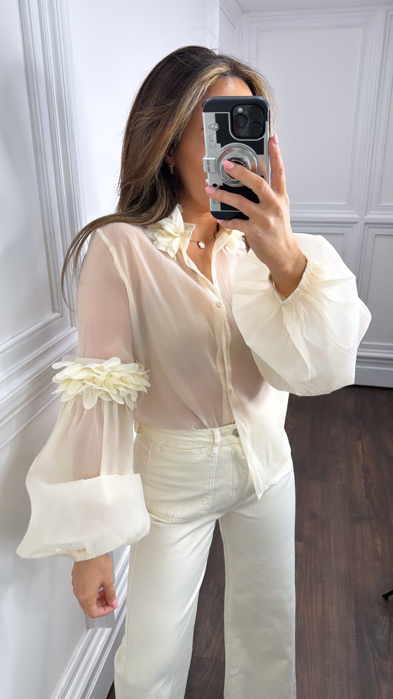 POLLY cream sheer floral appliqué blouse