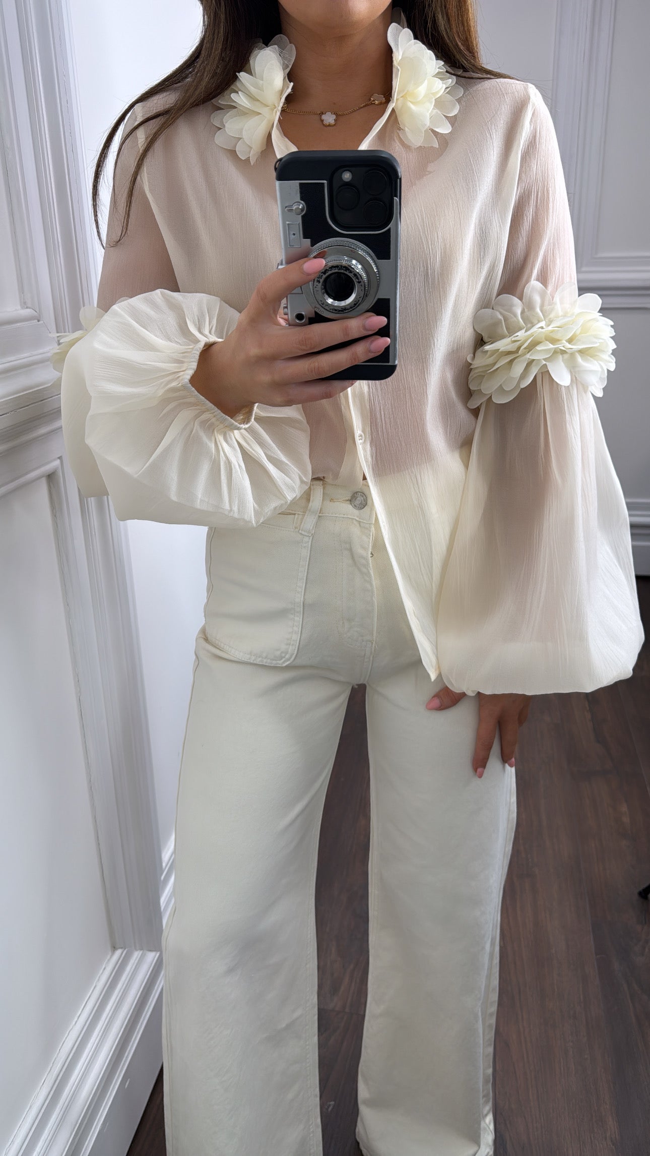 POLLY cream sheer floral appliqué blouse
