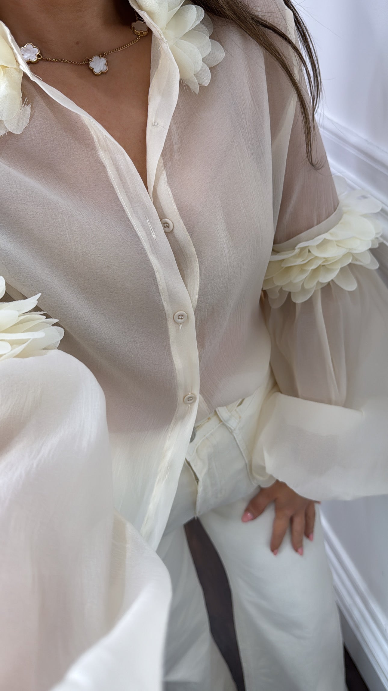 POLLY cream sheer floral appliqué blouse