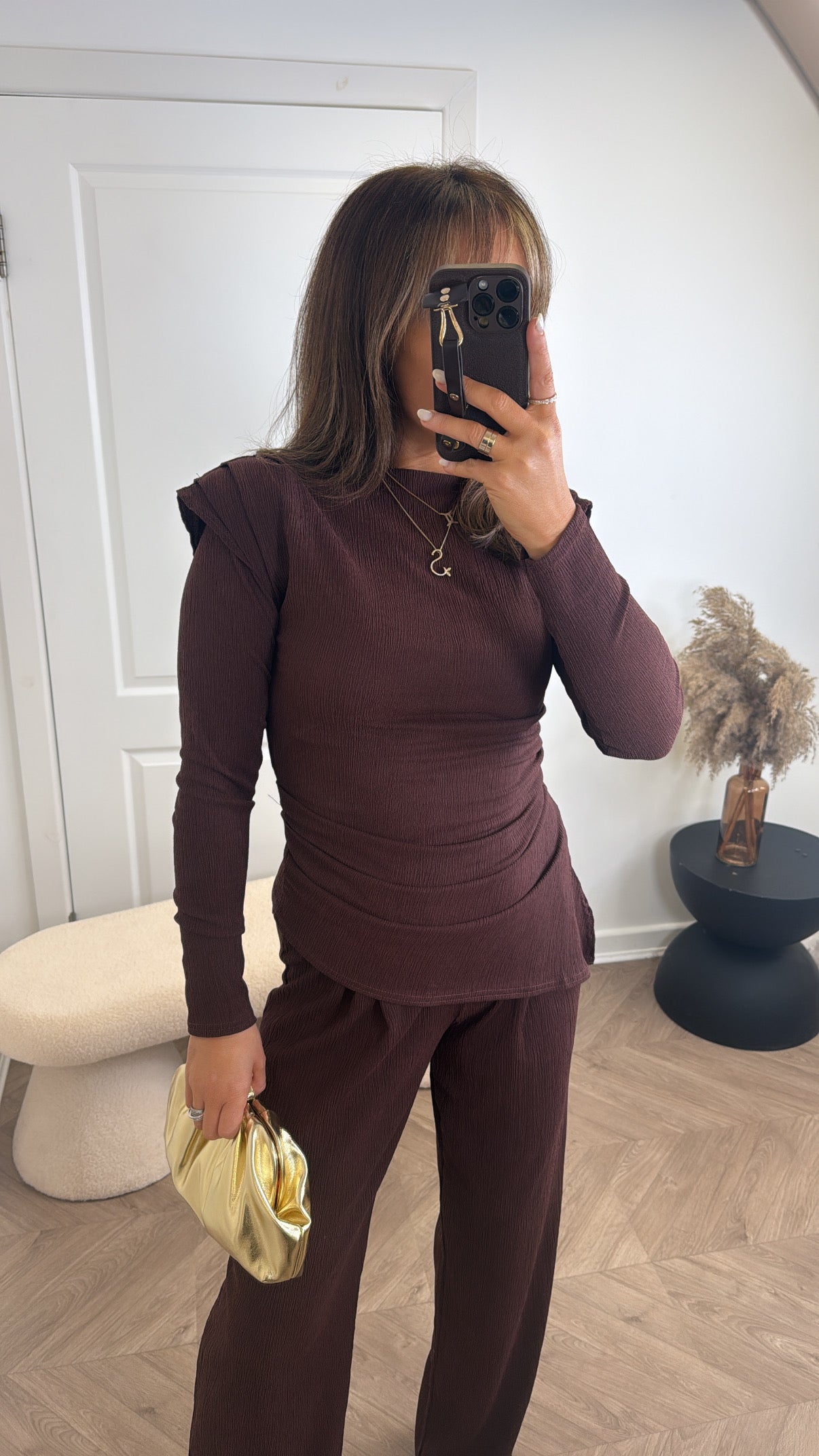 NADIA brown crepe co-ord with shoulder pads