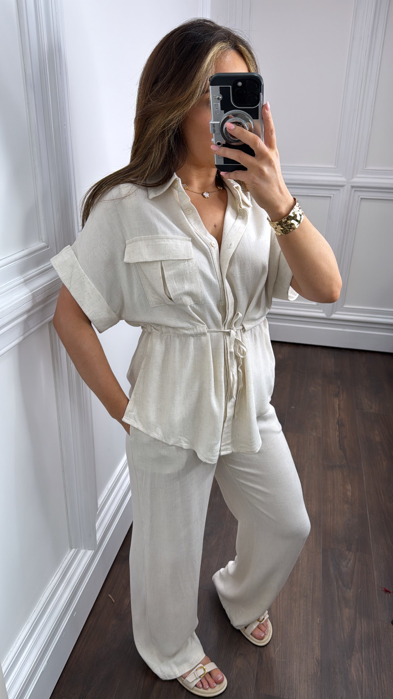 ARI cream linen look top and trousers co-ord