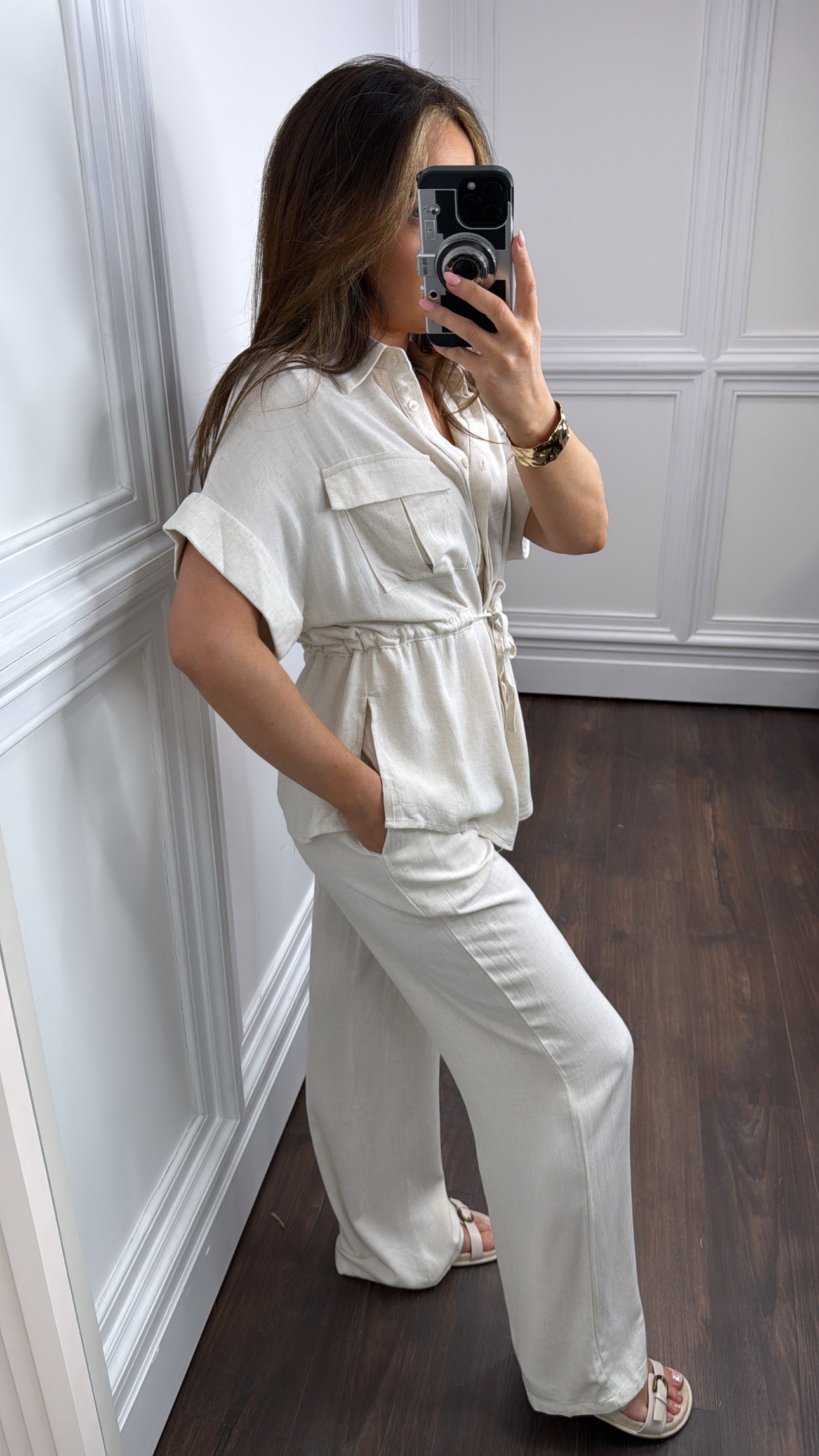 ARI cream linen look top and trousers co-ord