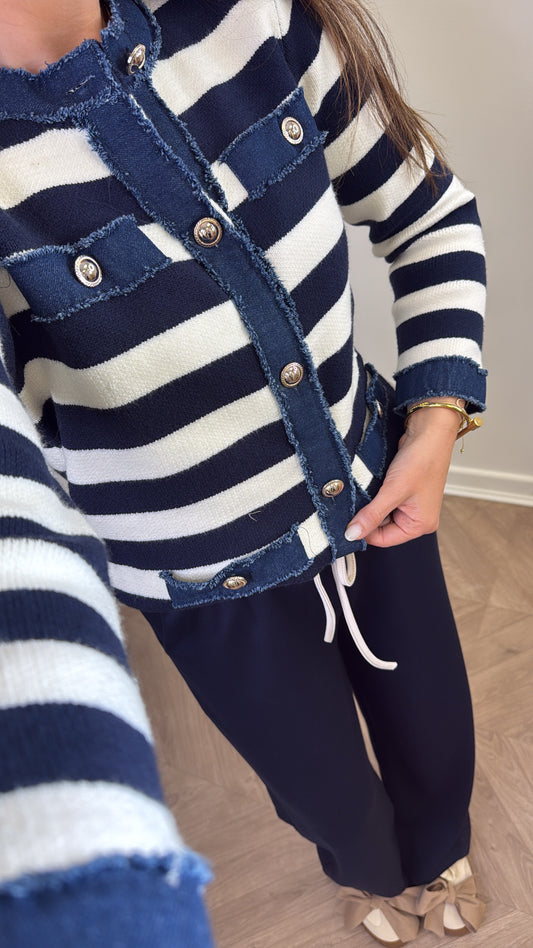 ELSIE navy and white stripe knitted cardigan