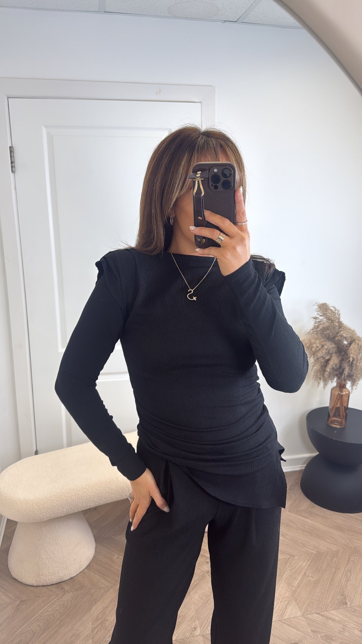 NADIA black crepe co-ord with shoulder pads
