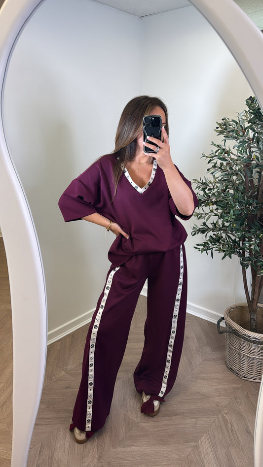 NEVAEH burgundy v-neck lounge suit