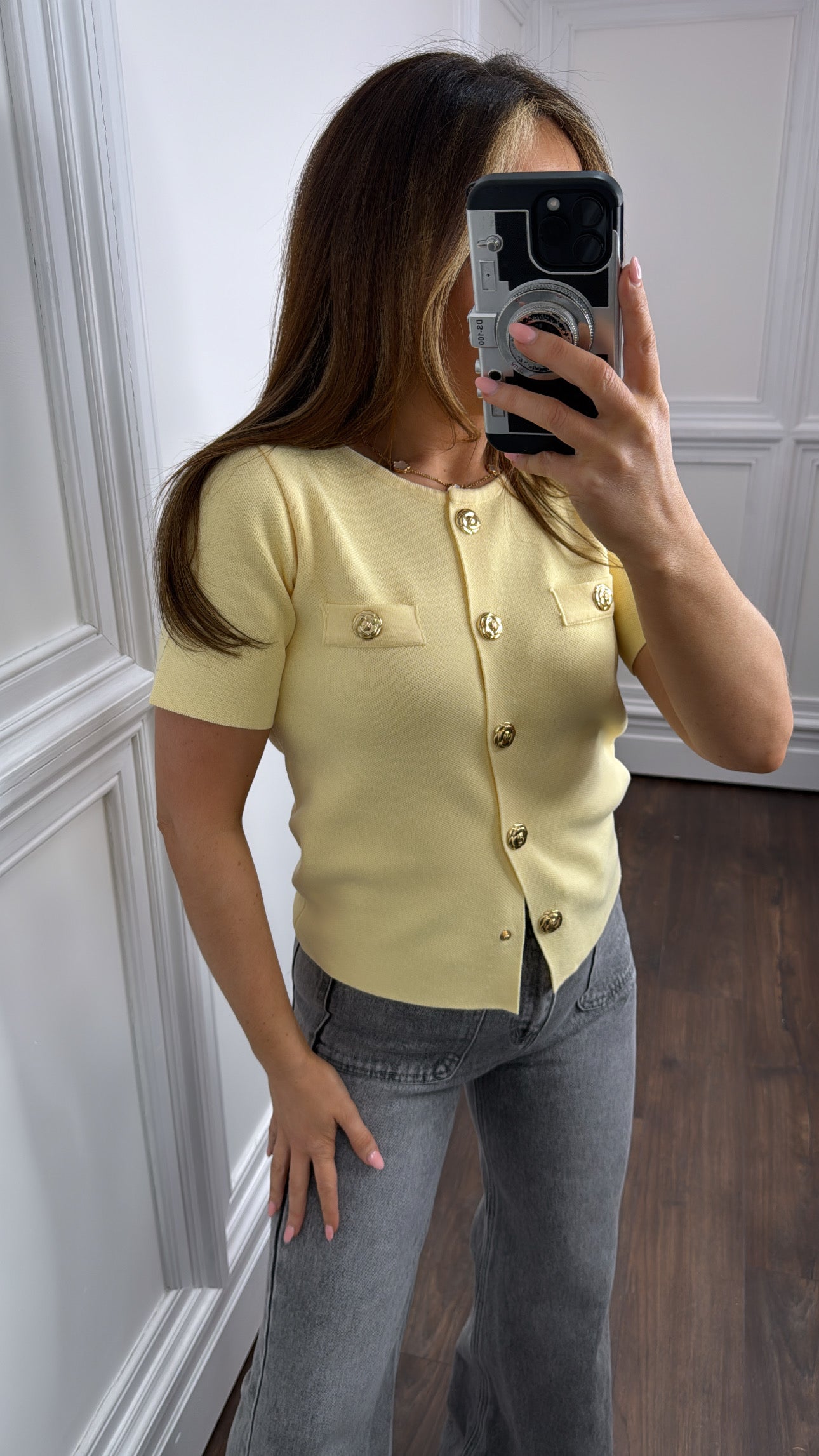 KELLIS lemon fine knit gold button detail top