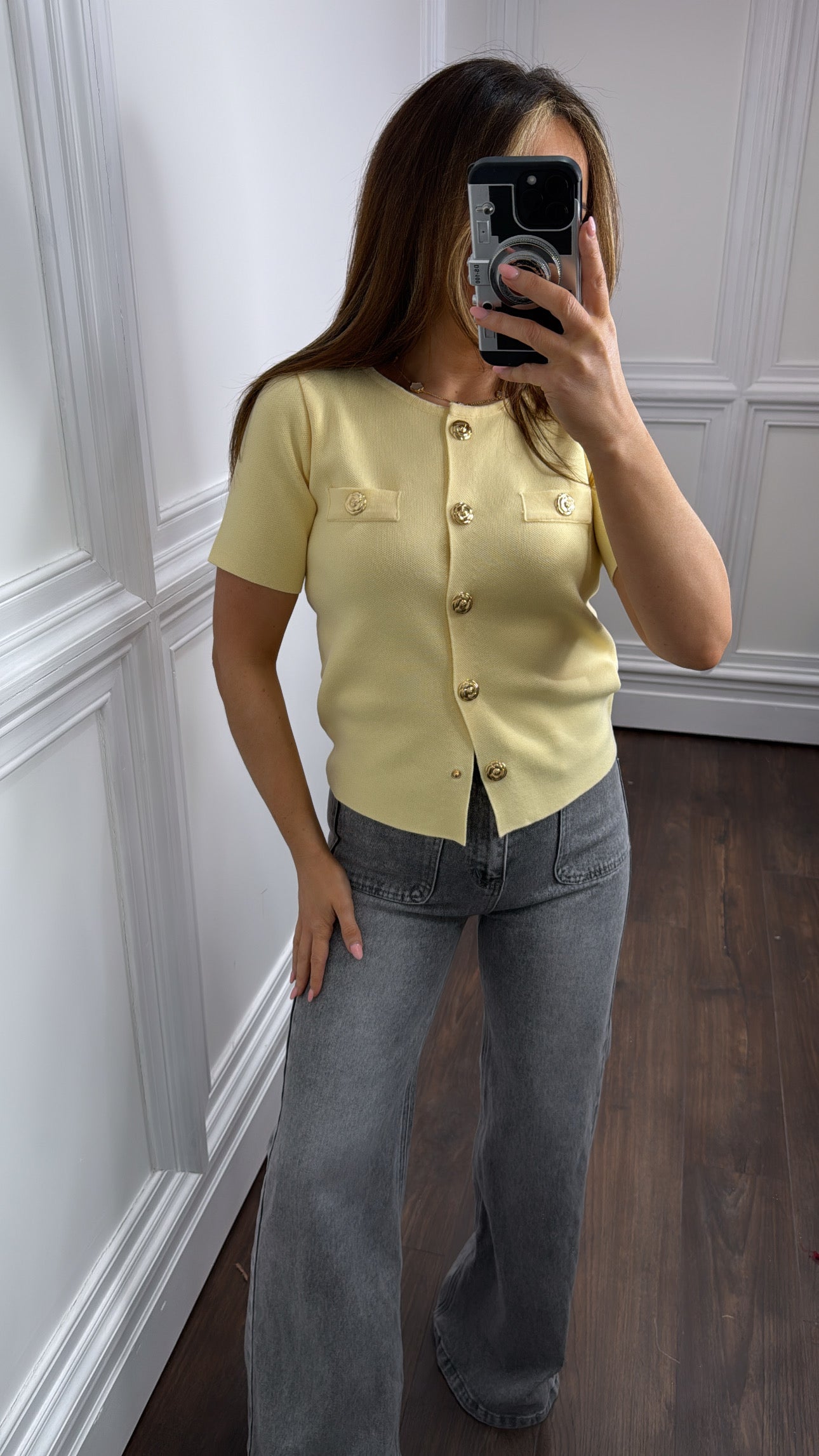 KELLIS lemon fine knit gold button detail top