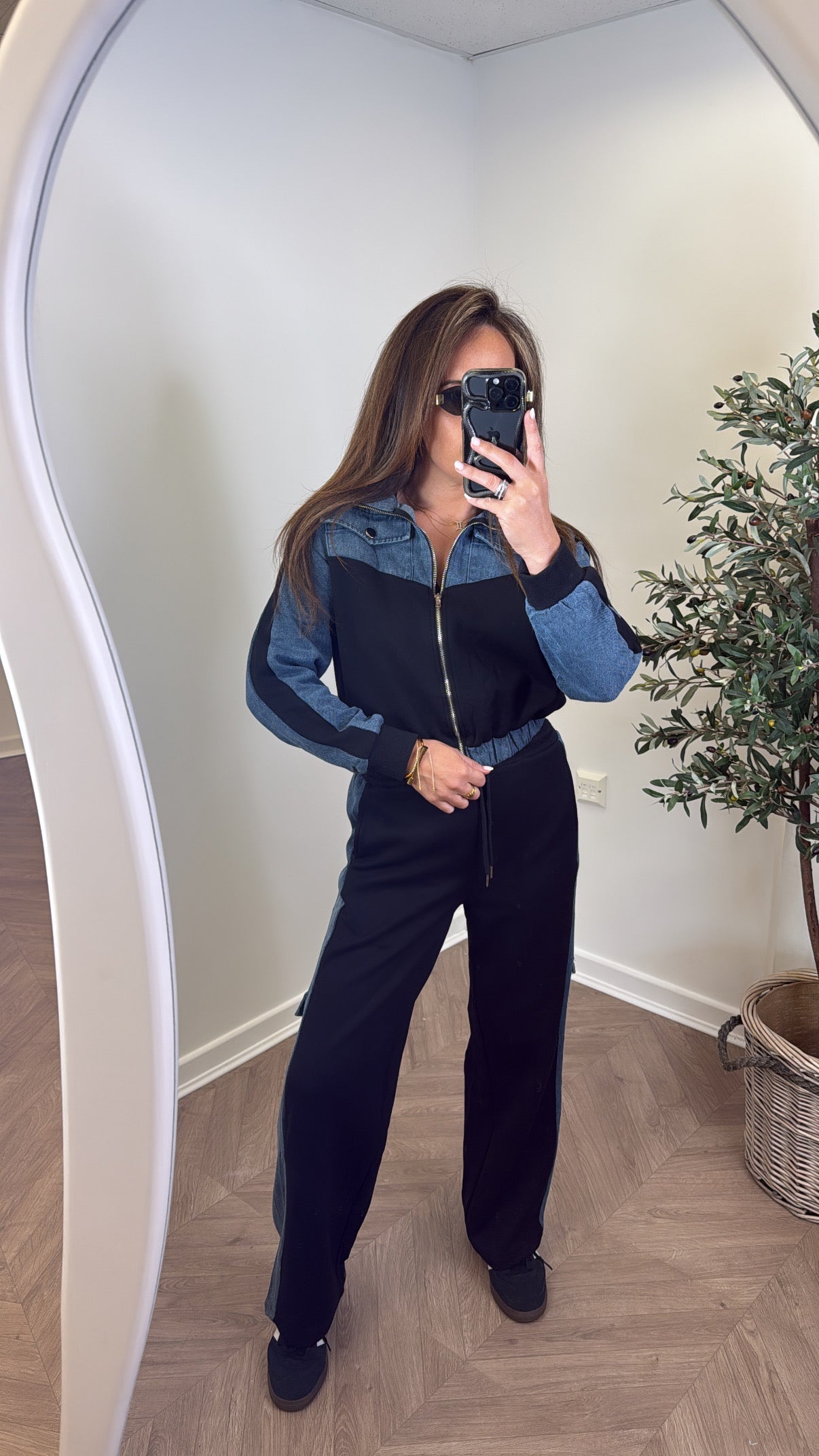 PERRIE black and denim contrast jacket and trousers co -ord