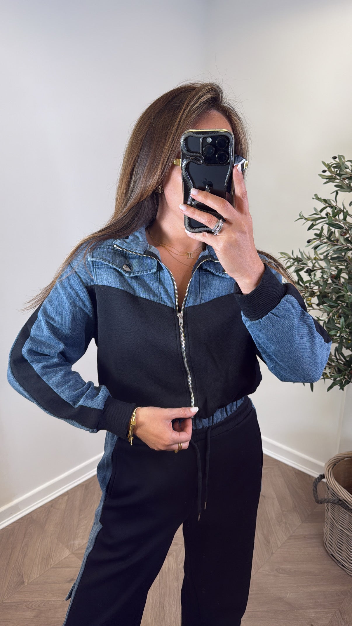 PERRIE black and denim contrast jacket and trousers co -ord