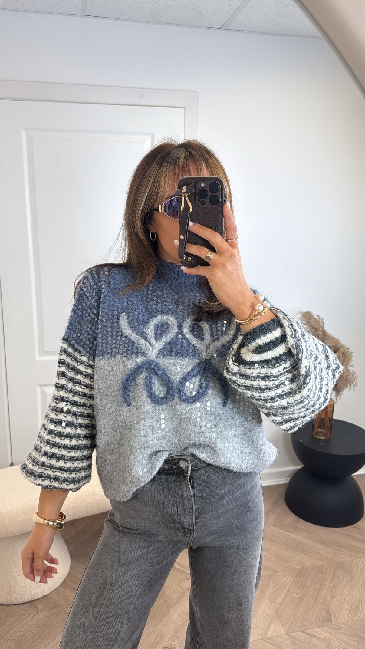 AMAYA blue sequin and logo chunky knit
