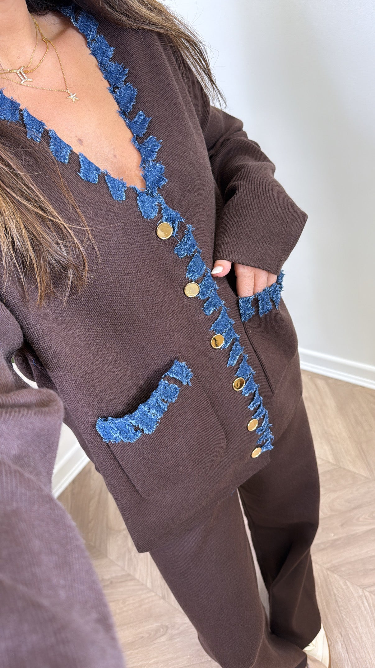 ALYSIA brown knitted contrast cardigan and trousers co-ord