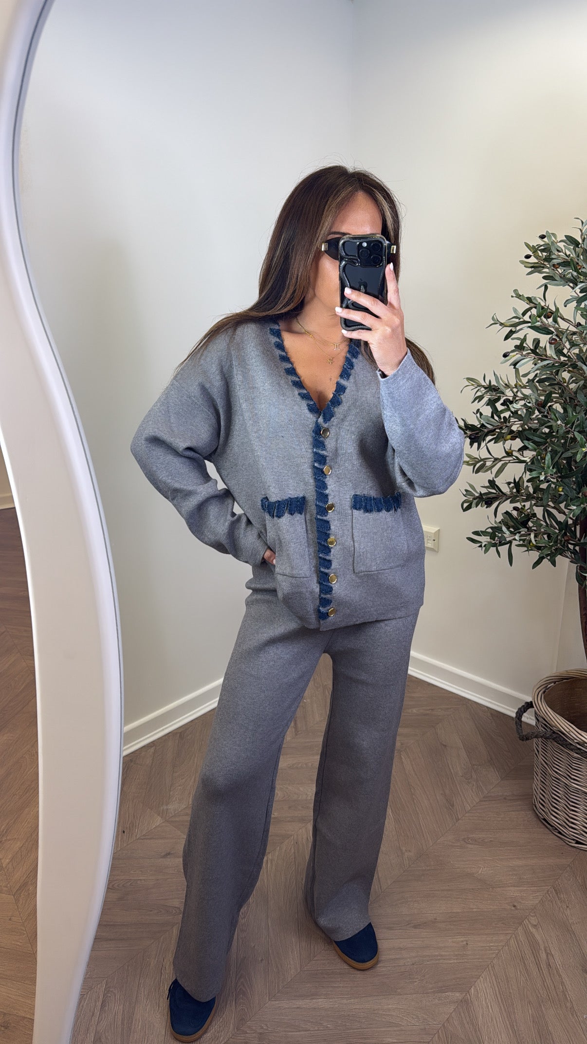 ALYSIA grey knitted contrast cardigan and trousers co-ord
