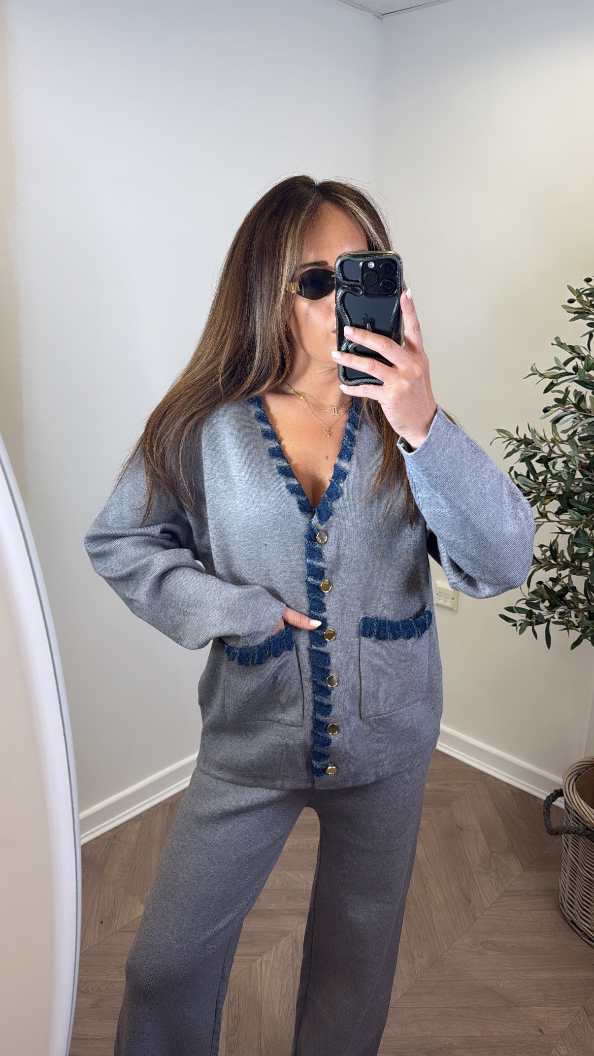 ALYSIA grey knitted contrast cardigan and trousers co-ord