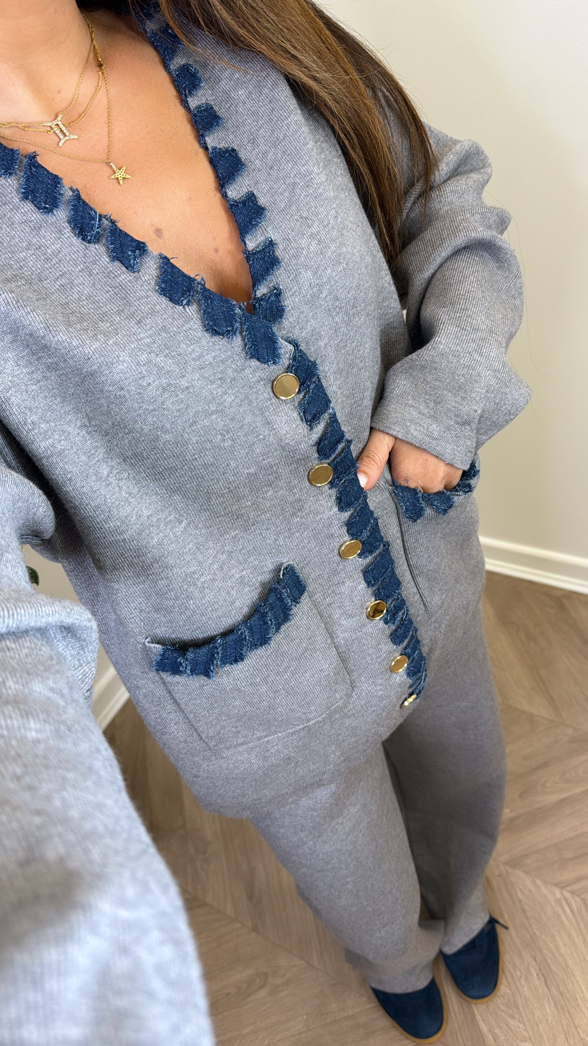 ALYSIA grey knitted contrast cardigan and trousers co-ord