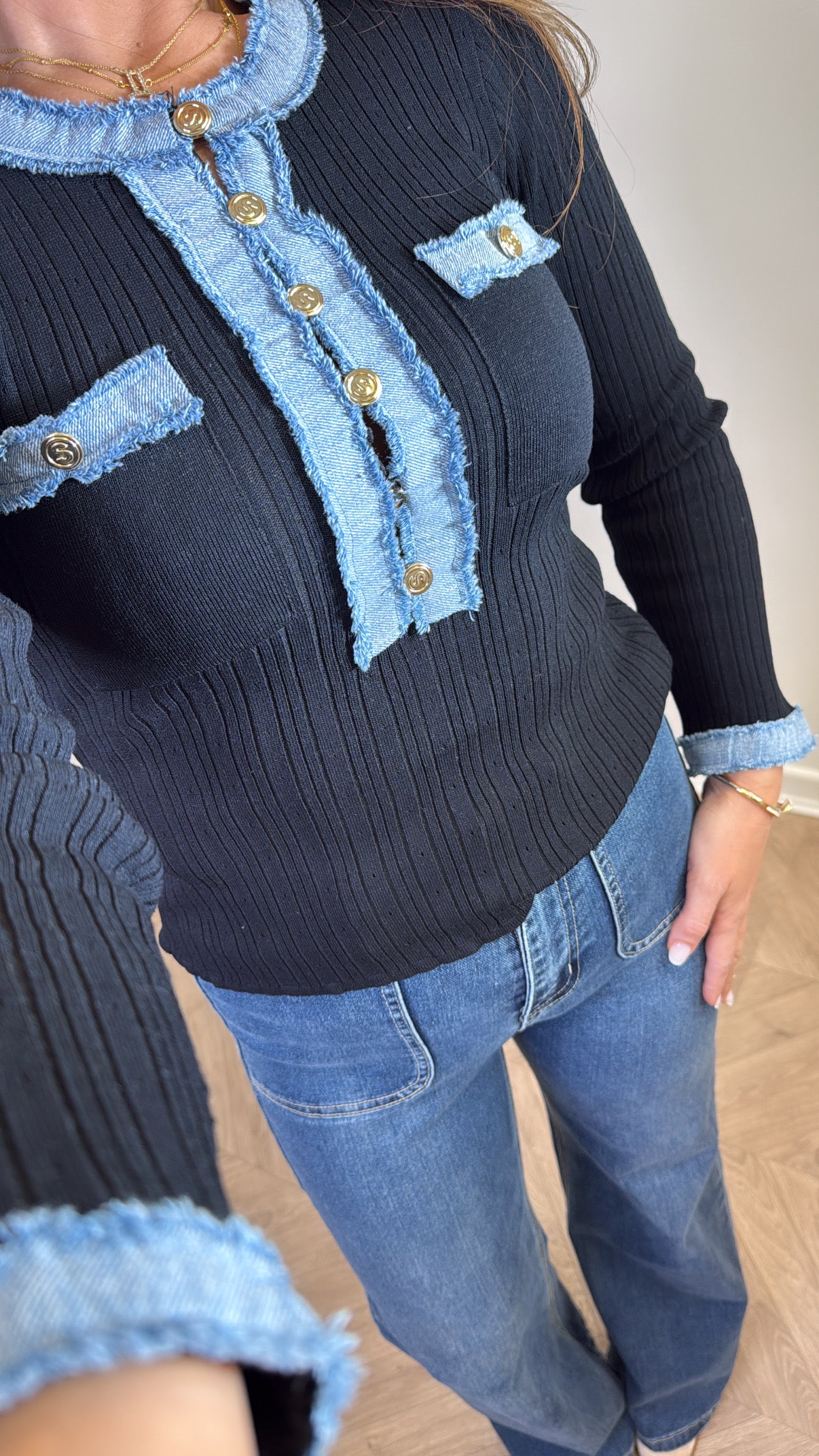 SONIA black ribbed top with denim contrast detail