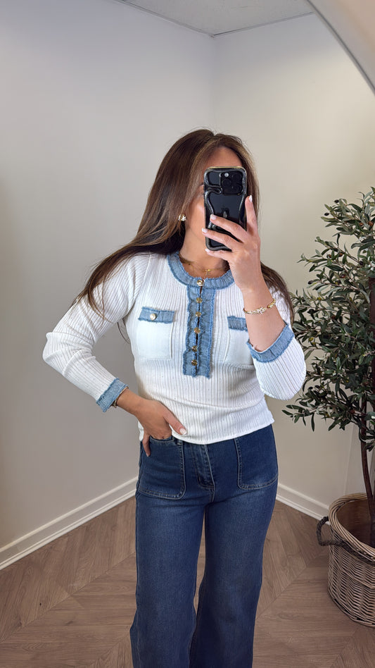 SONIA white ribbed top with denim contrast detail