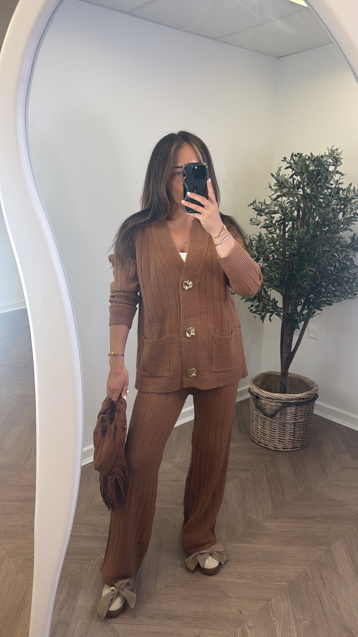 SABRINA camel knitted cardigan and trousers co-ord