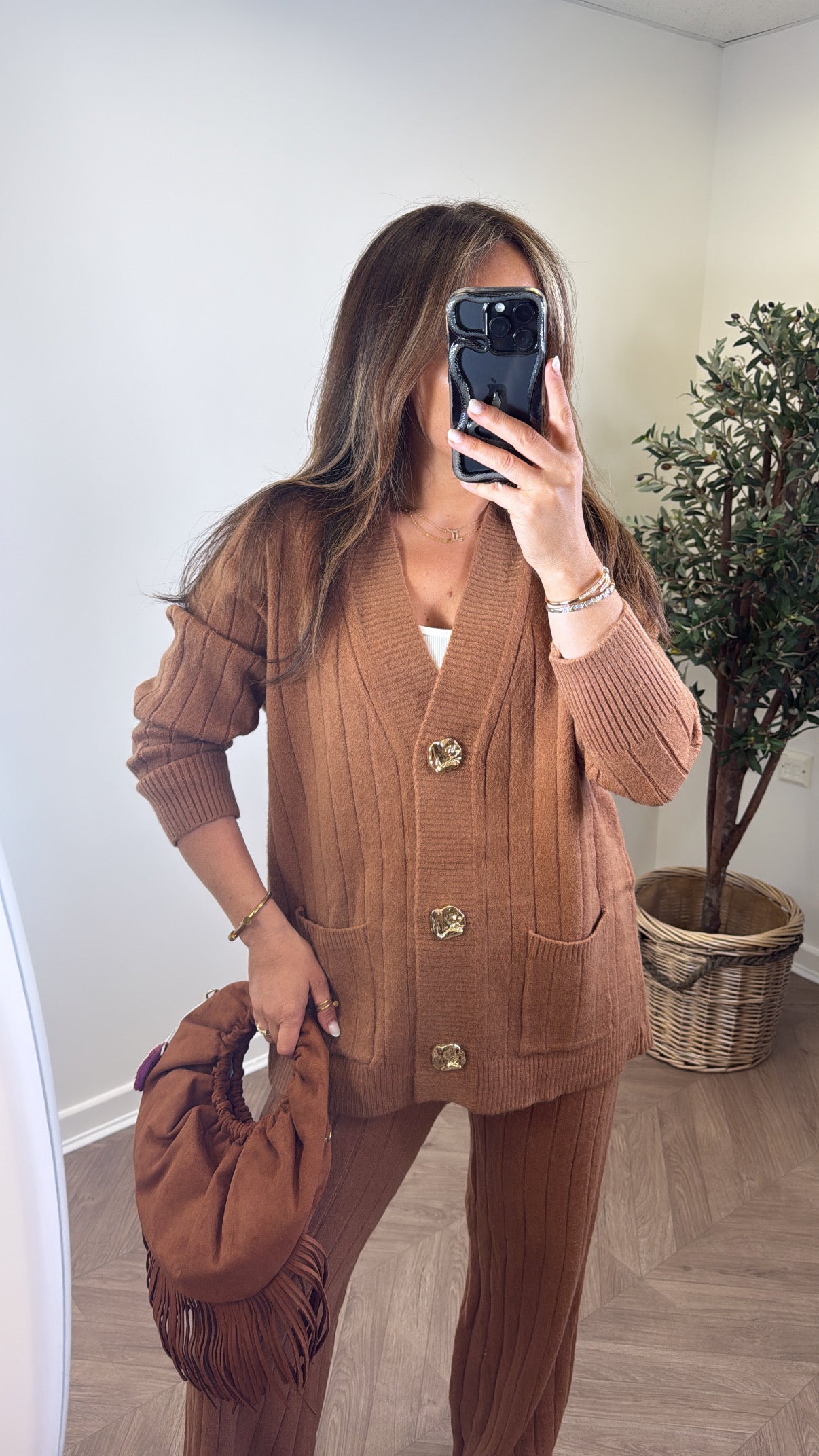 SABRINA camel knitted cardigan and trousers co-ord