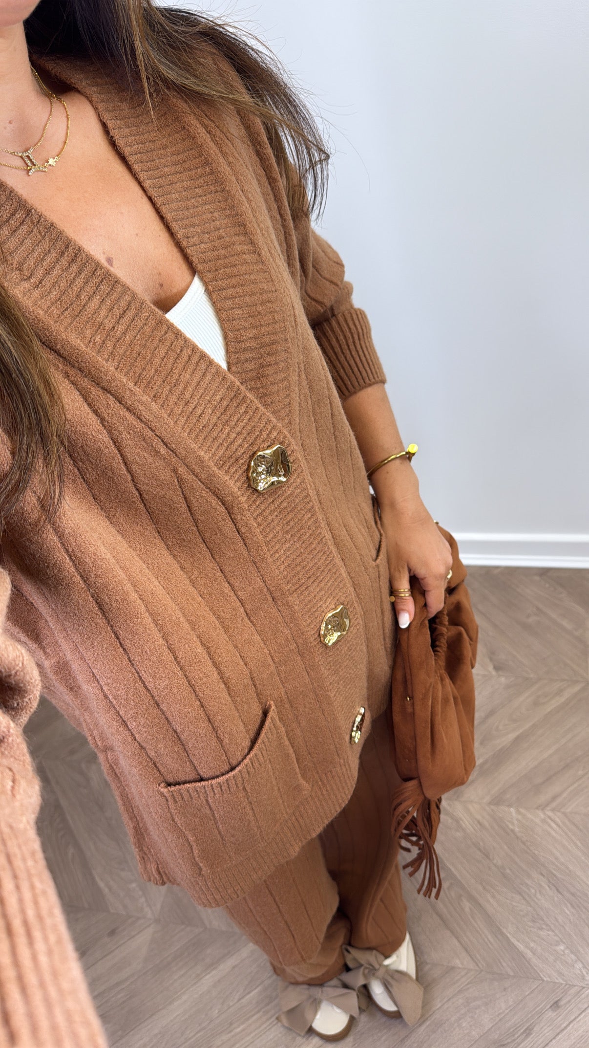 SABRINA camel knitted cardigan and trousers co-ord