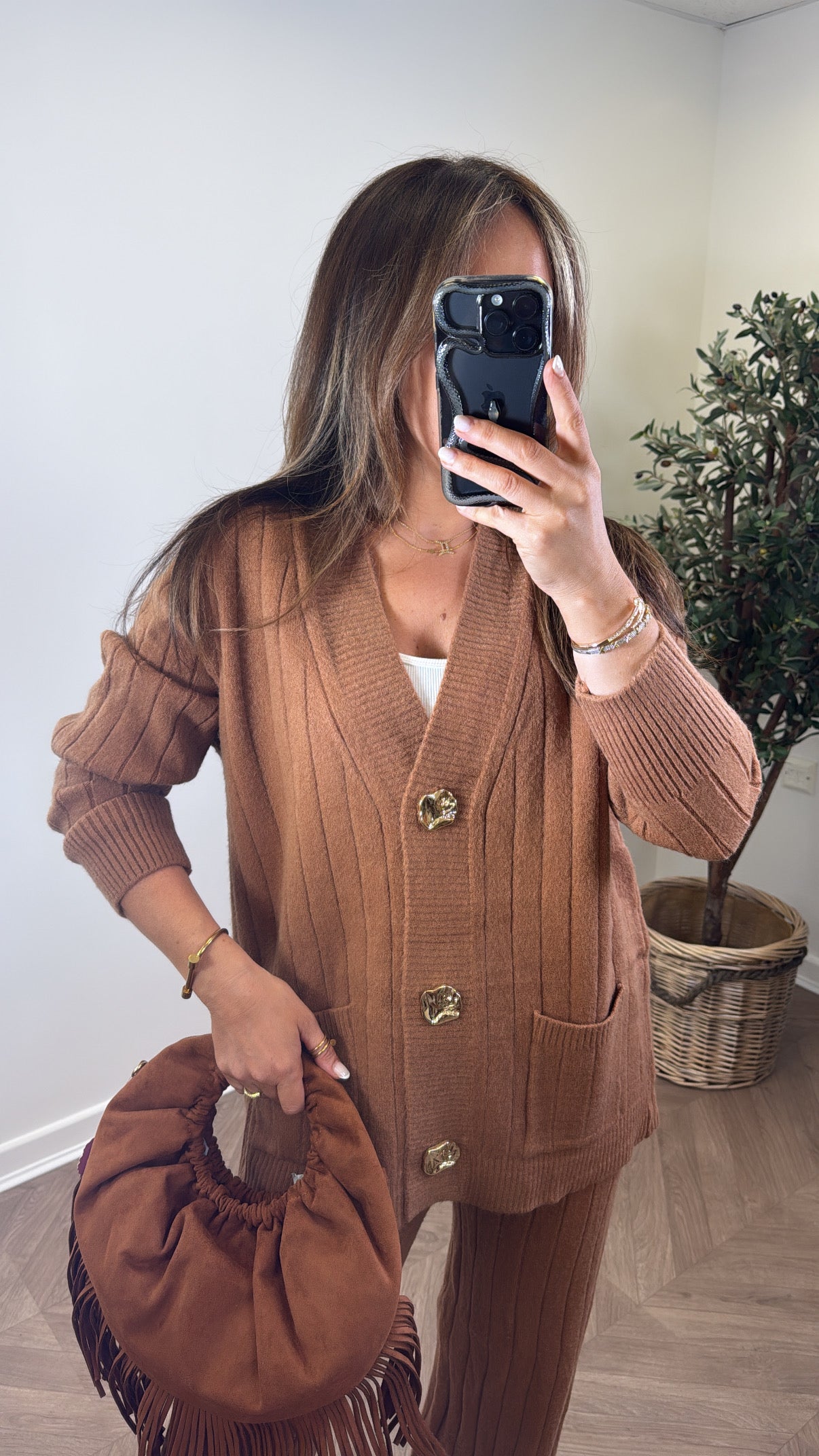 SABRINA camel knitted cardigan and trousers co-ord