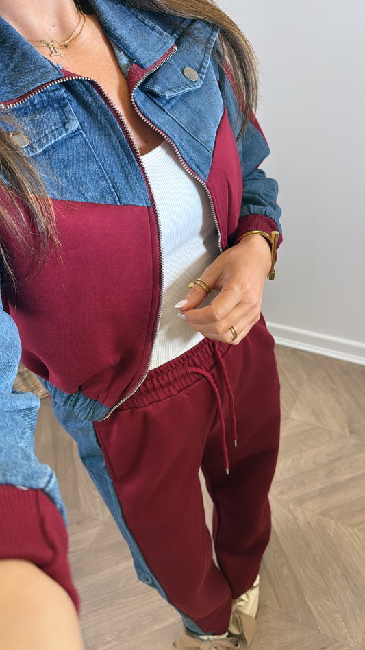 PERRIE cherry red and denim contrast jacket and trousers co -ord