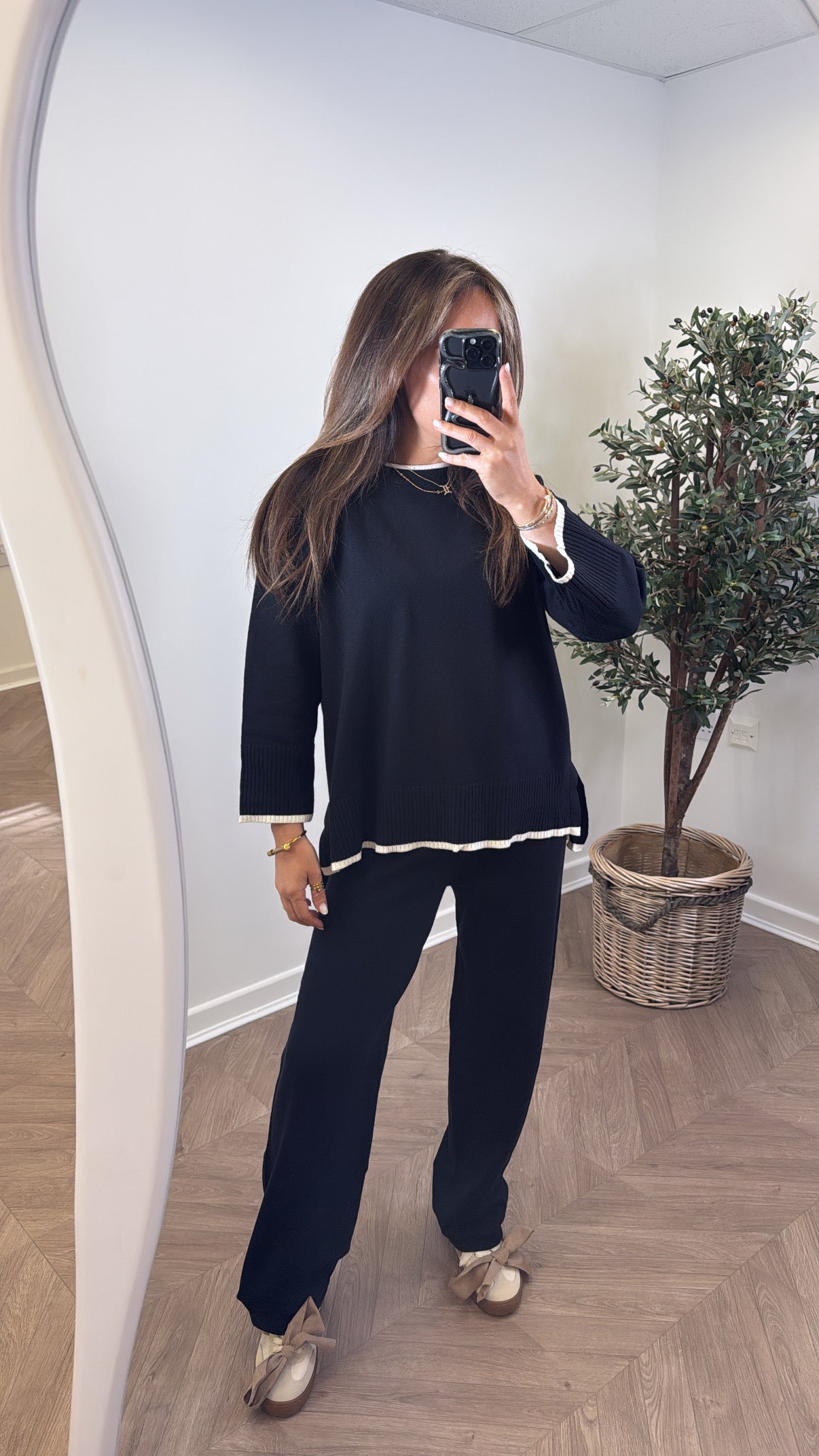 NIKITA black knitted top with cream edging and wide leg trouser co-ord