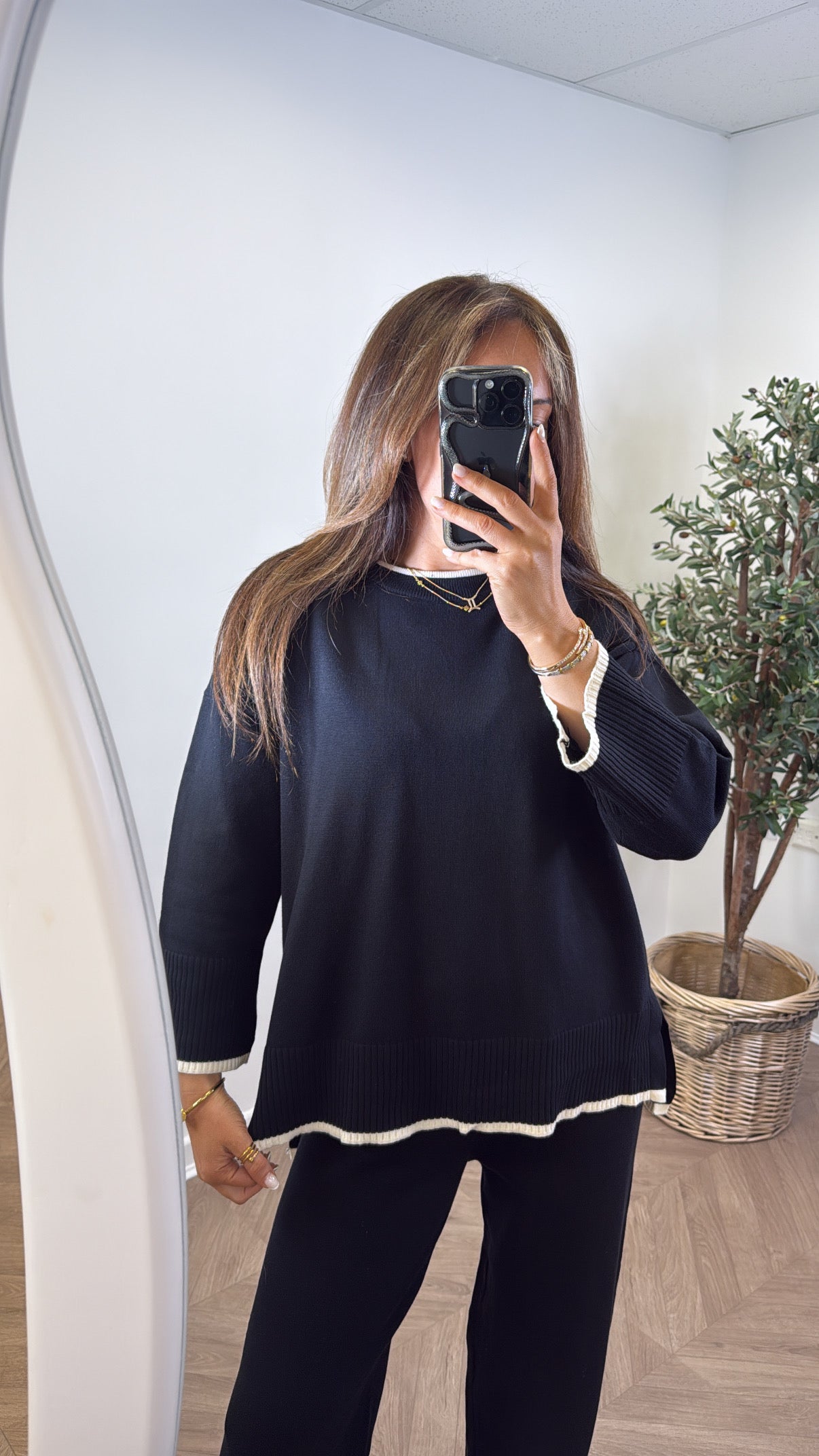 NIKITA black knitted top with cream edging and wide leg trouser co-ord