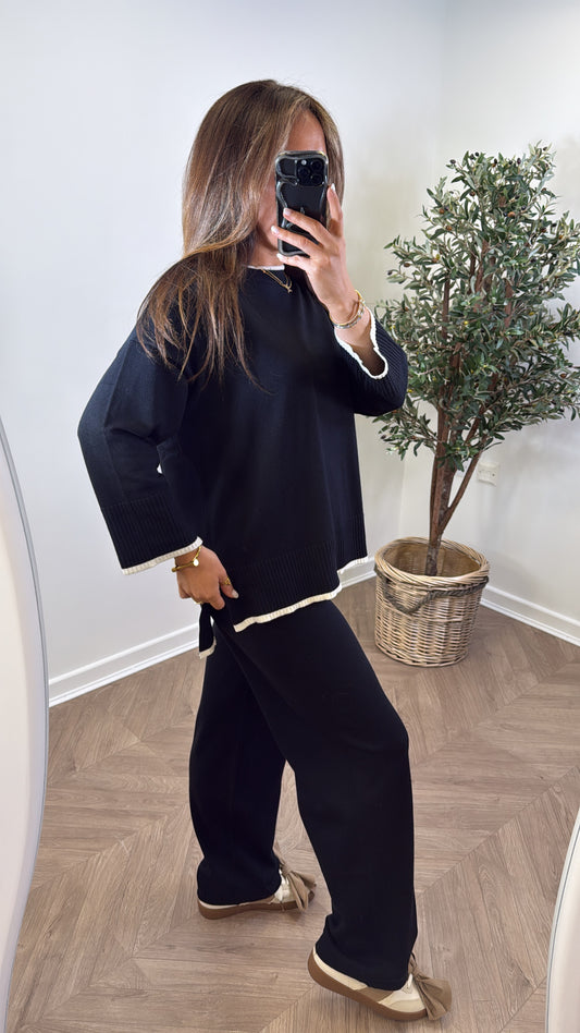 NIKITA black knitted top with cream edging and wide leg trouser co-ord