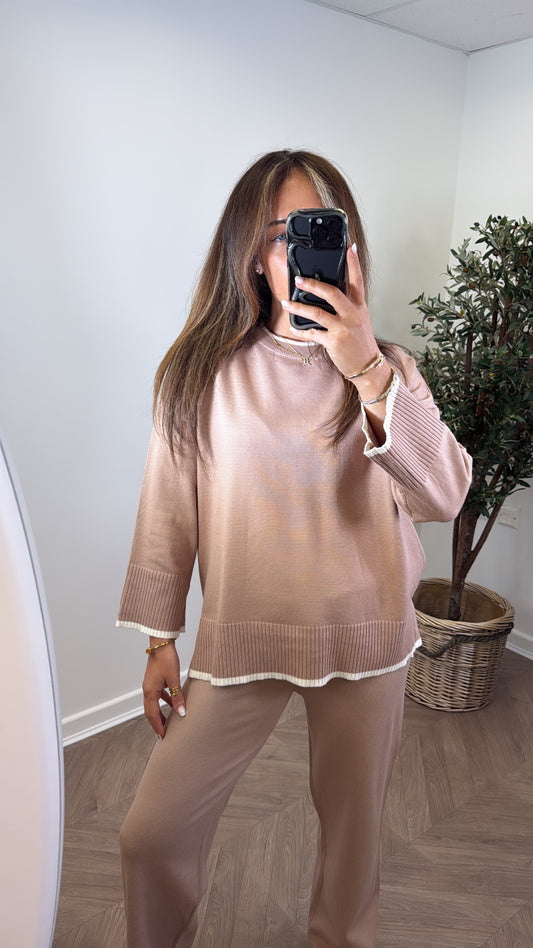 NIKITA camel knitted top with cream edging and wide leg trouser co-ord