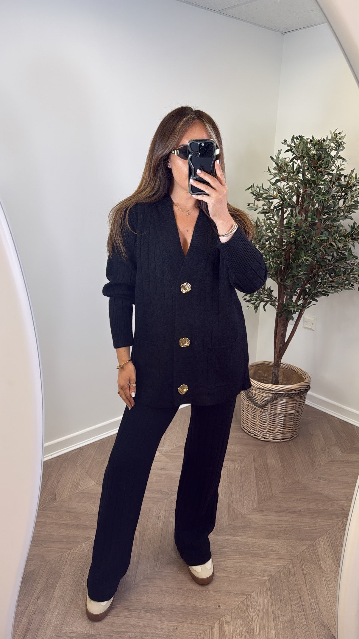 SABRINA black knitted cardigan and trousers co-ord