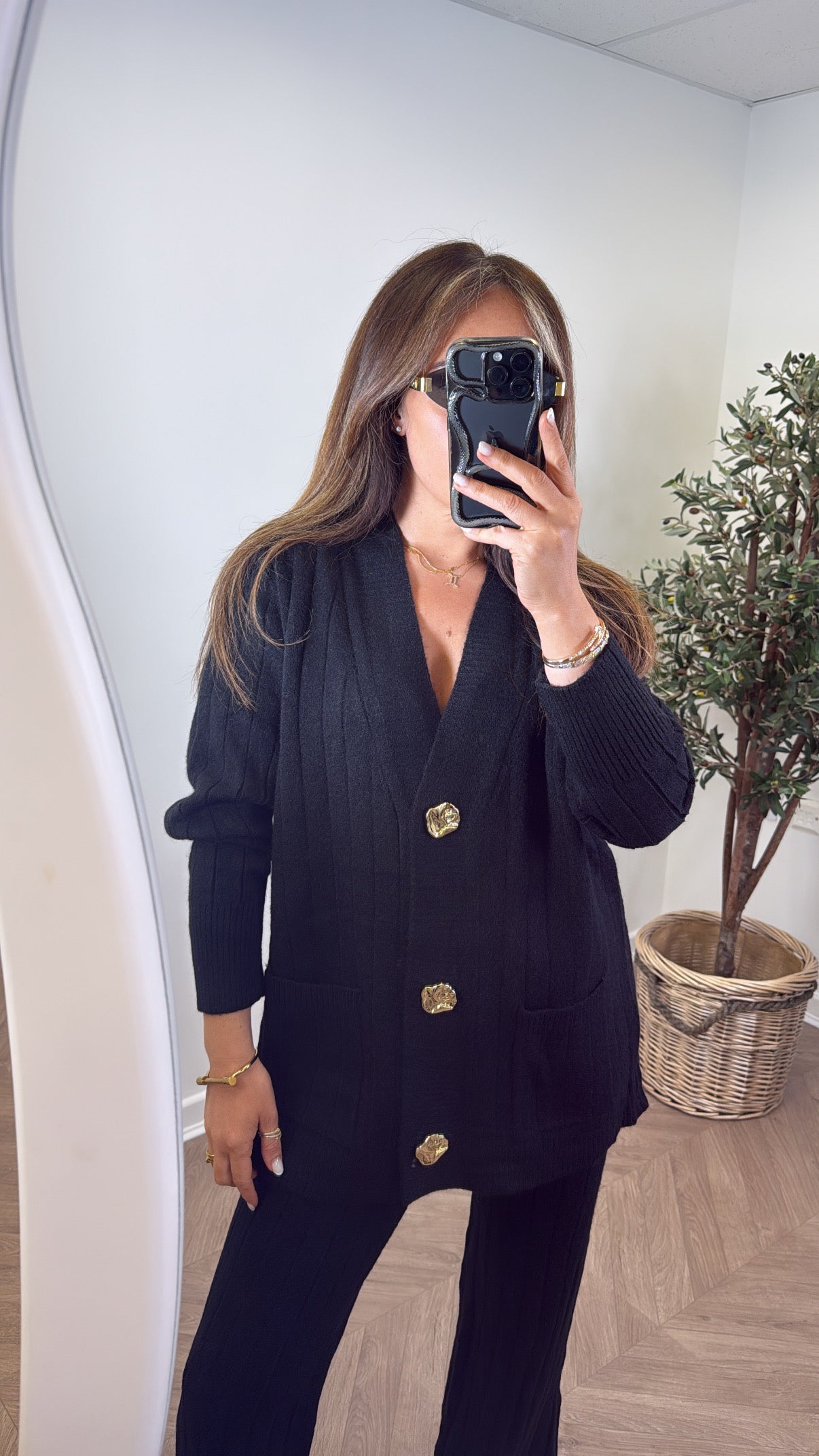 SABRINA black knitted cardigan and trousers co-ord