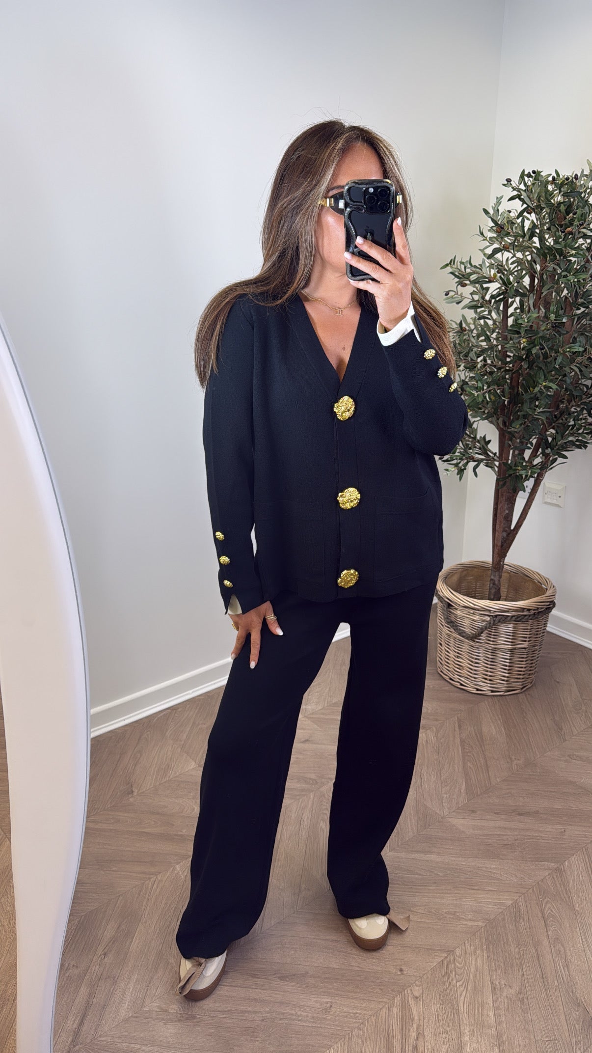 ETTA black knitted gold button cardigan with cream contrast cuff's and wide leg trousers co-ord