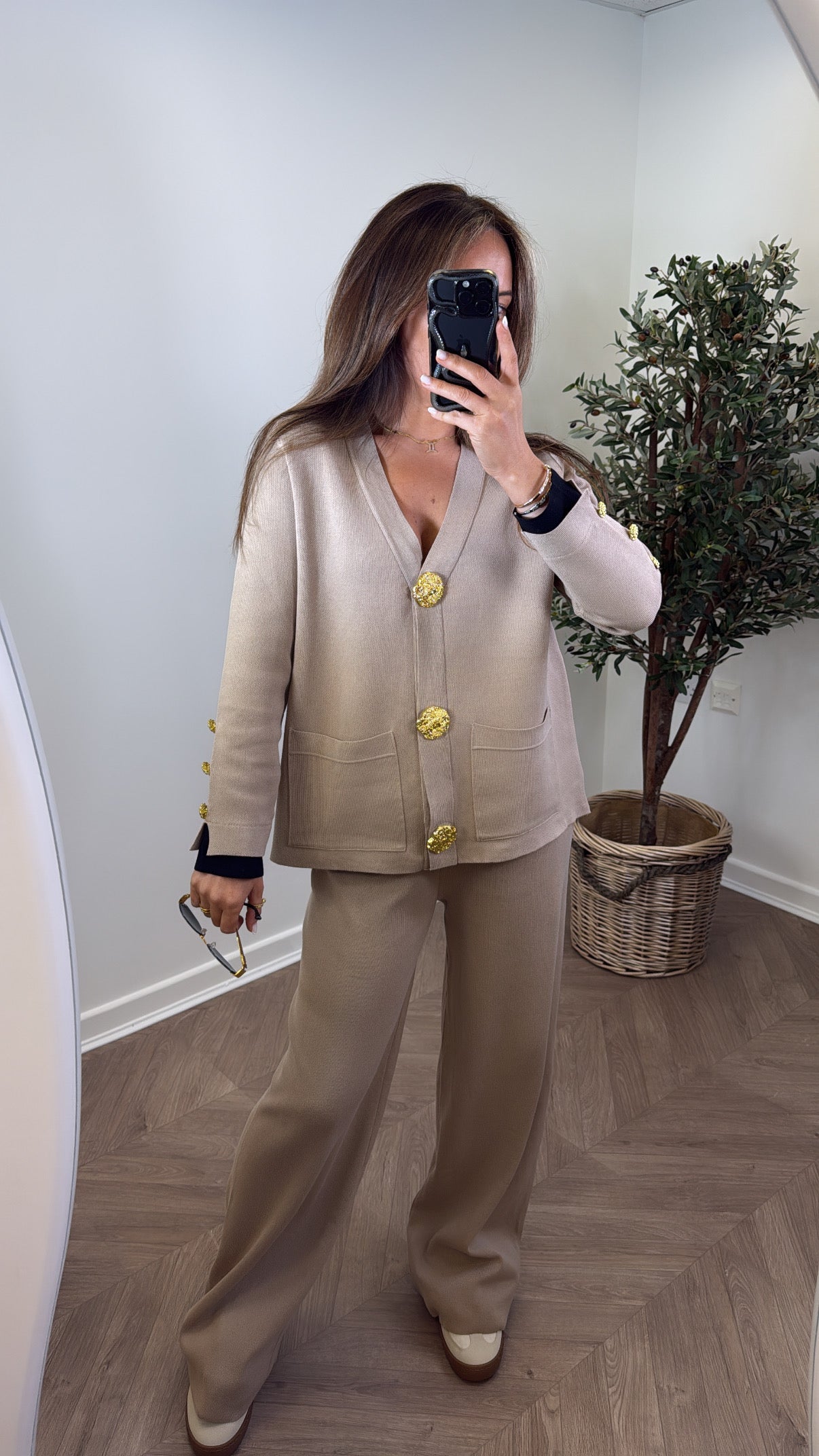 ETTA mocha knitted gold button cardigan with black contrast cuff's and wide leg trousers co-ord