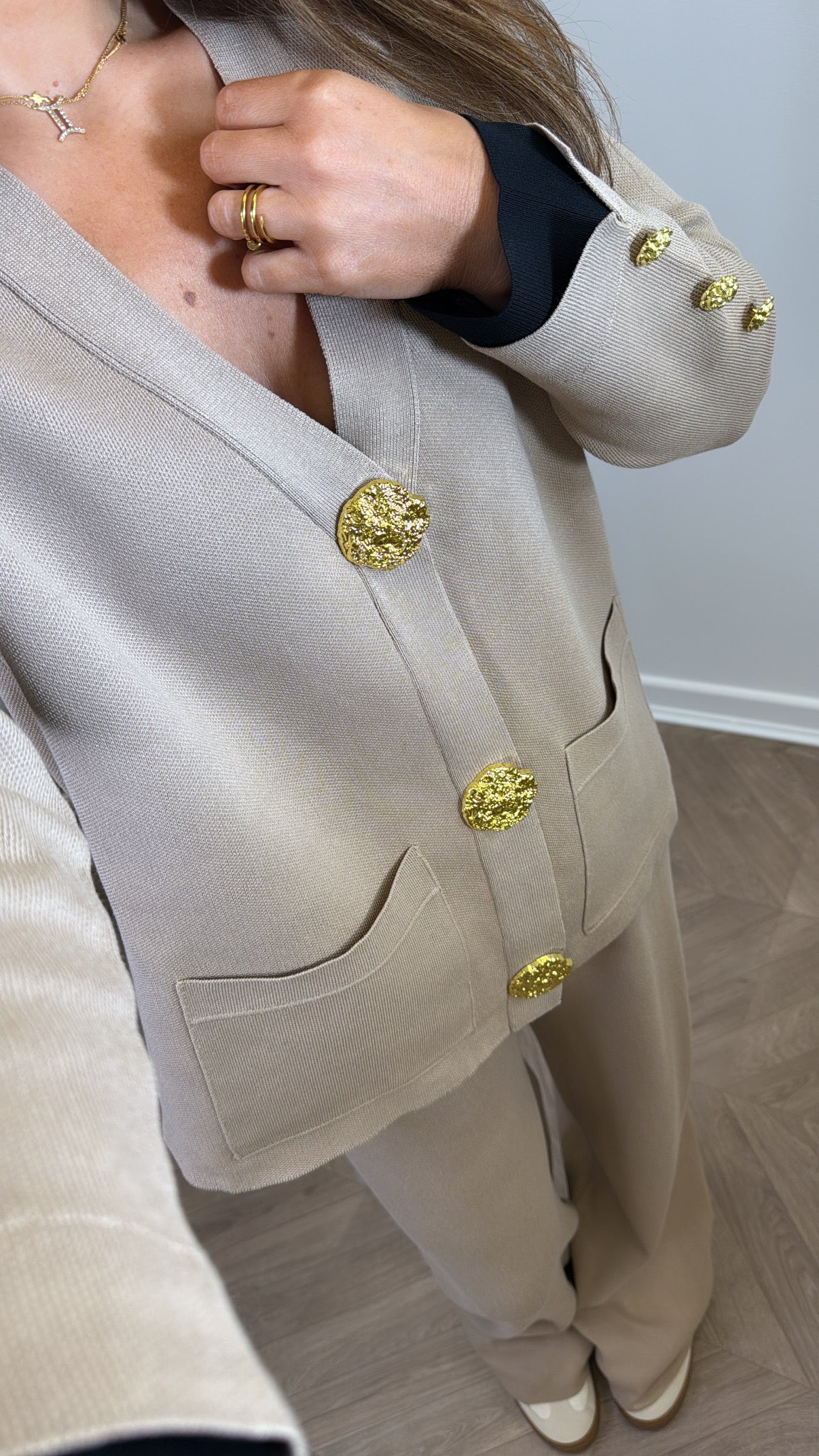 ETTA mocha knitted gold button cardigan with black contrast cuff's and wide leg trousers co-ord