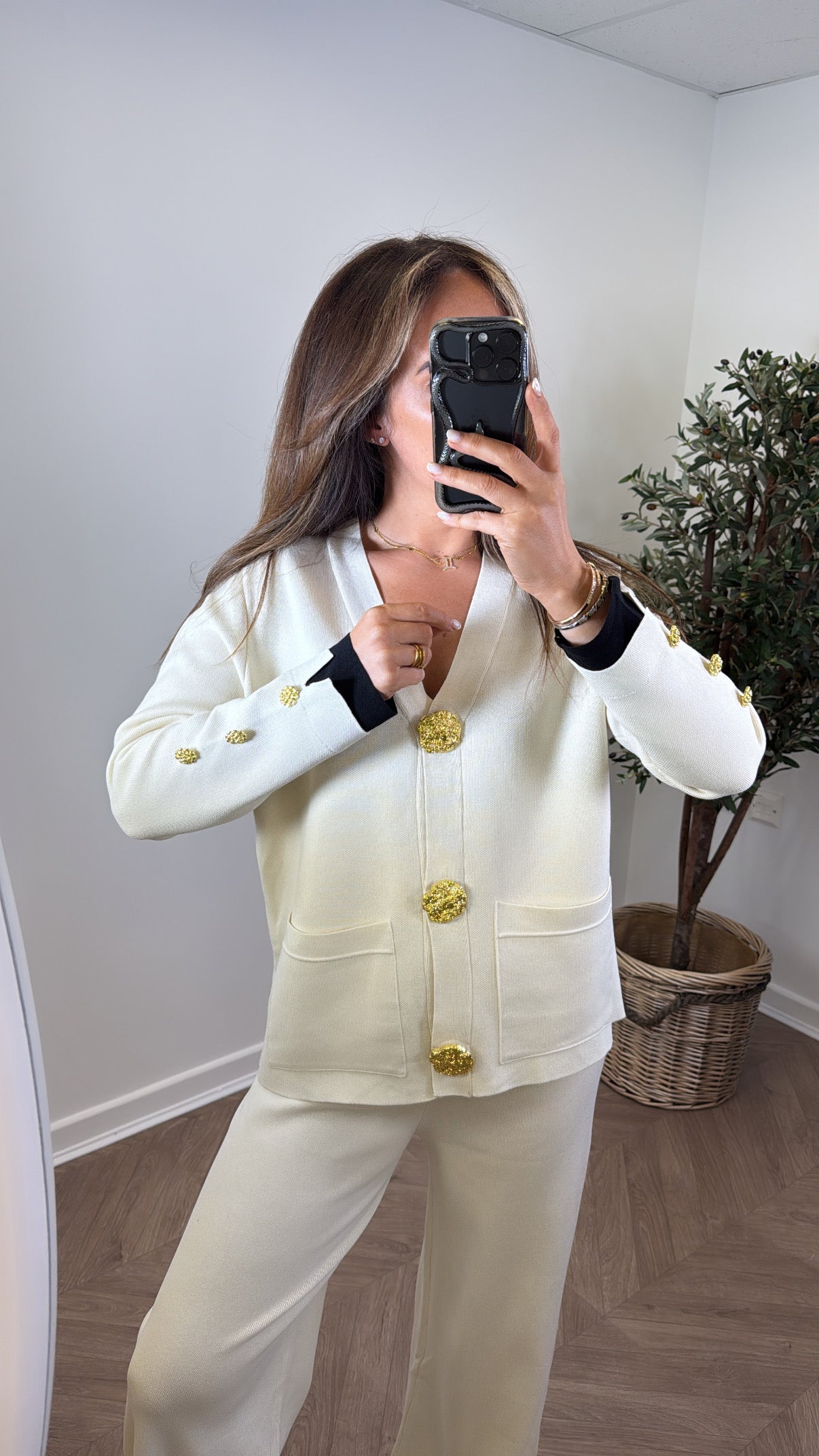 ETTA cream knitted gold button cardigan with black contrast cuff's and wide leg trousers co-ord