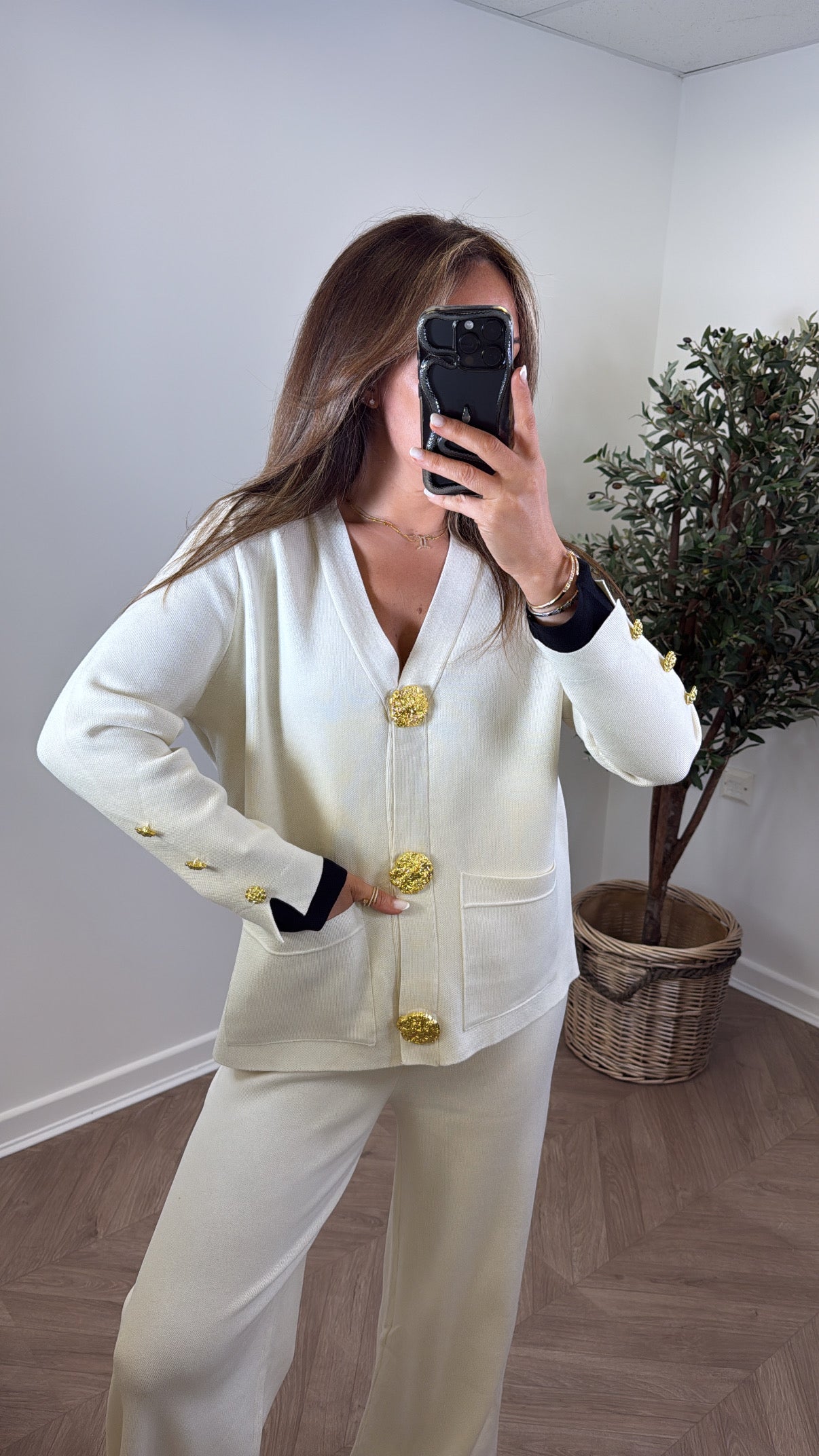 ETTA cream knitted gold button cardigan with black contrast cuff's and wide leg trousers co-ord