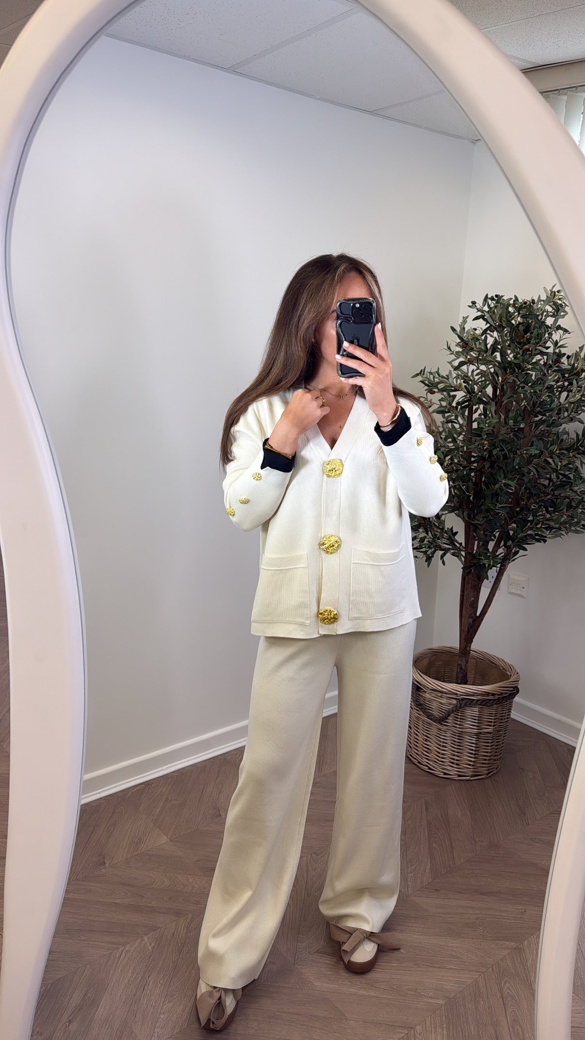 ETTA cream knitted gold button cardigan with black contrast cuff's and wide leg trousers co-ord