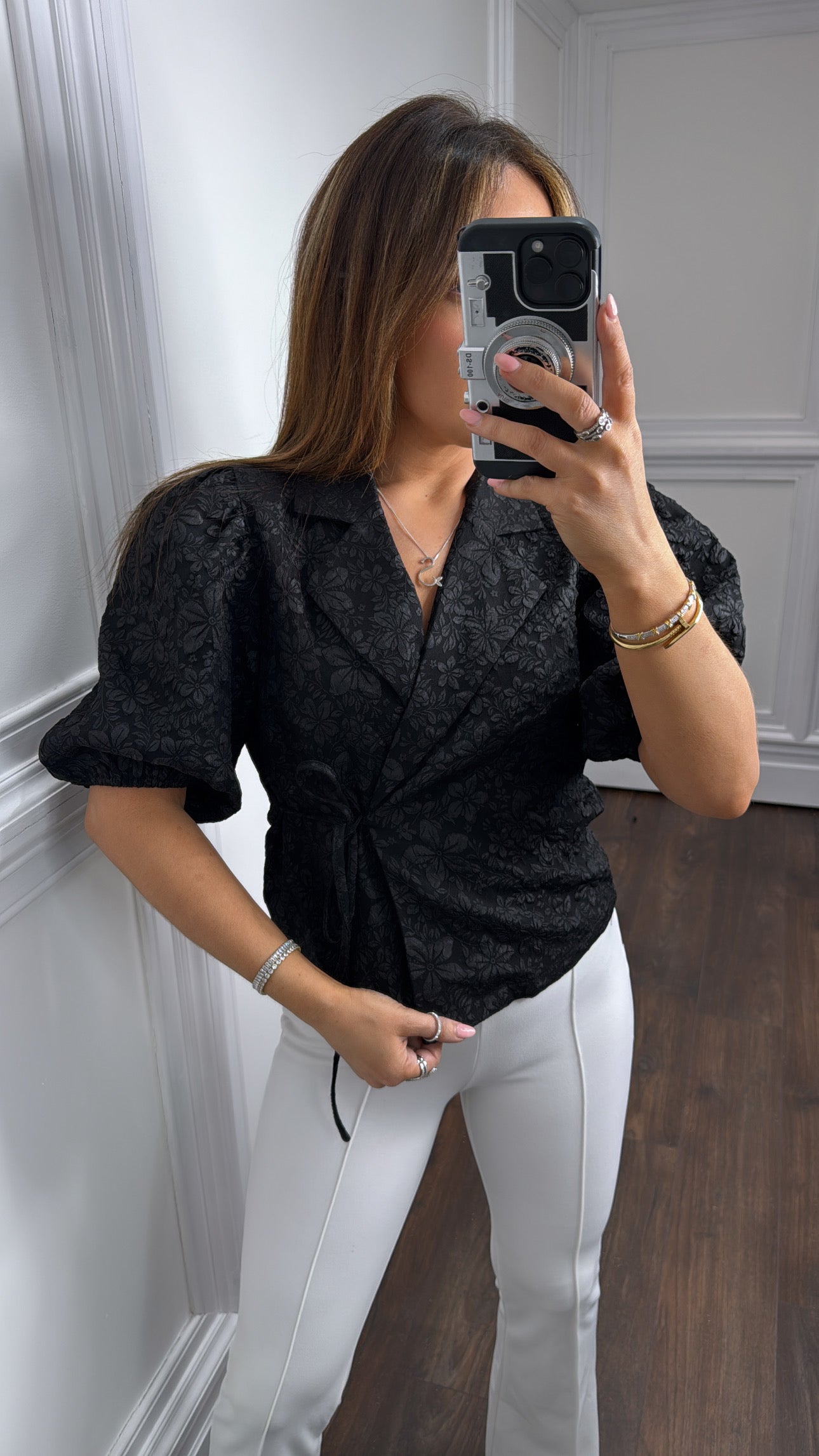 SAFFRON black tie detail short sleeve blazer