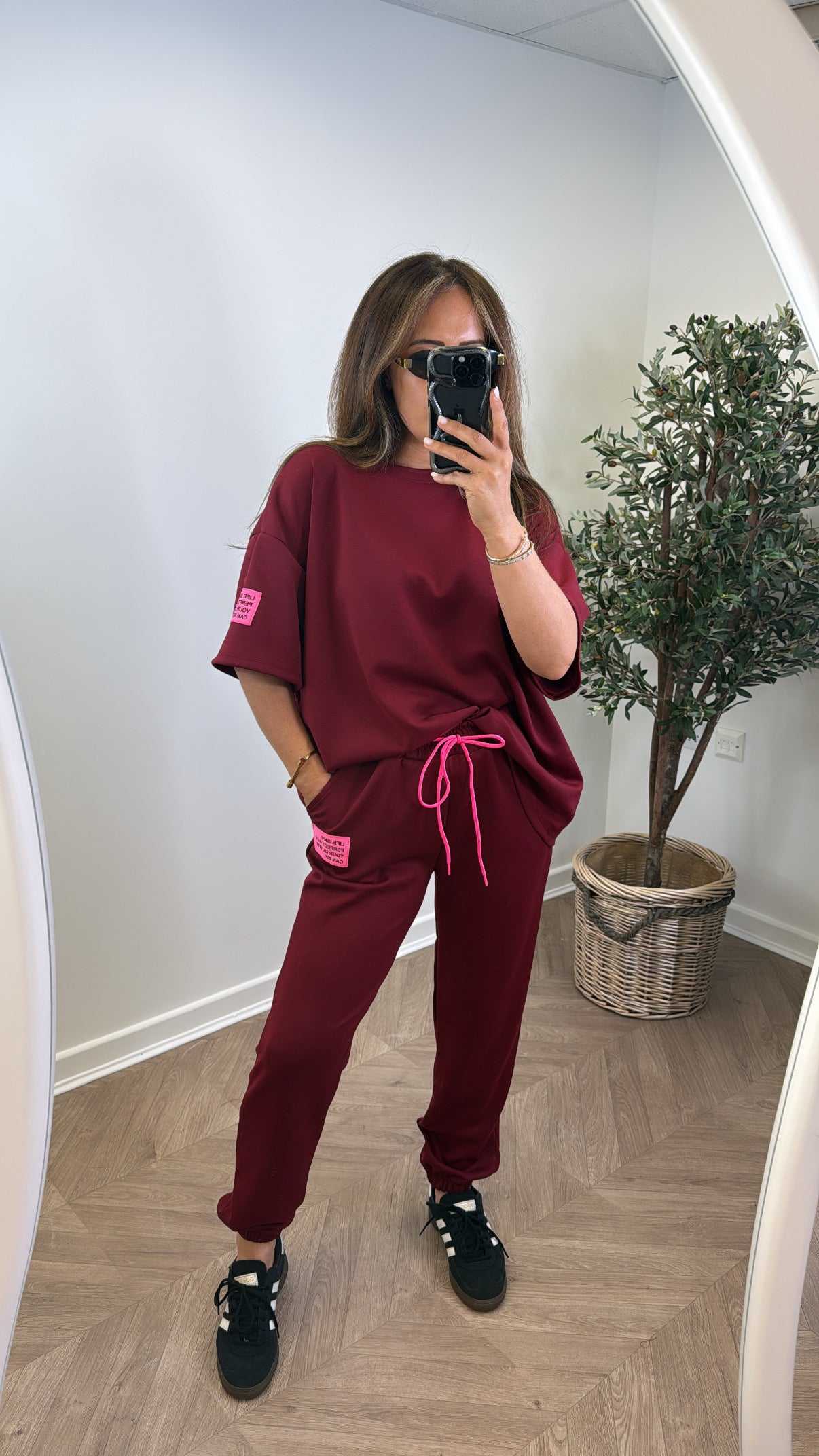 LESSIE burgundy life logo lounge set with cuffed joggers